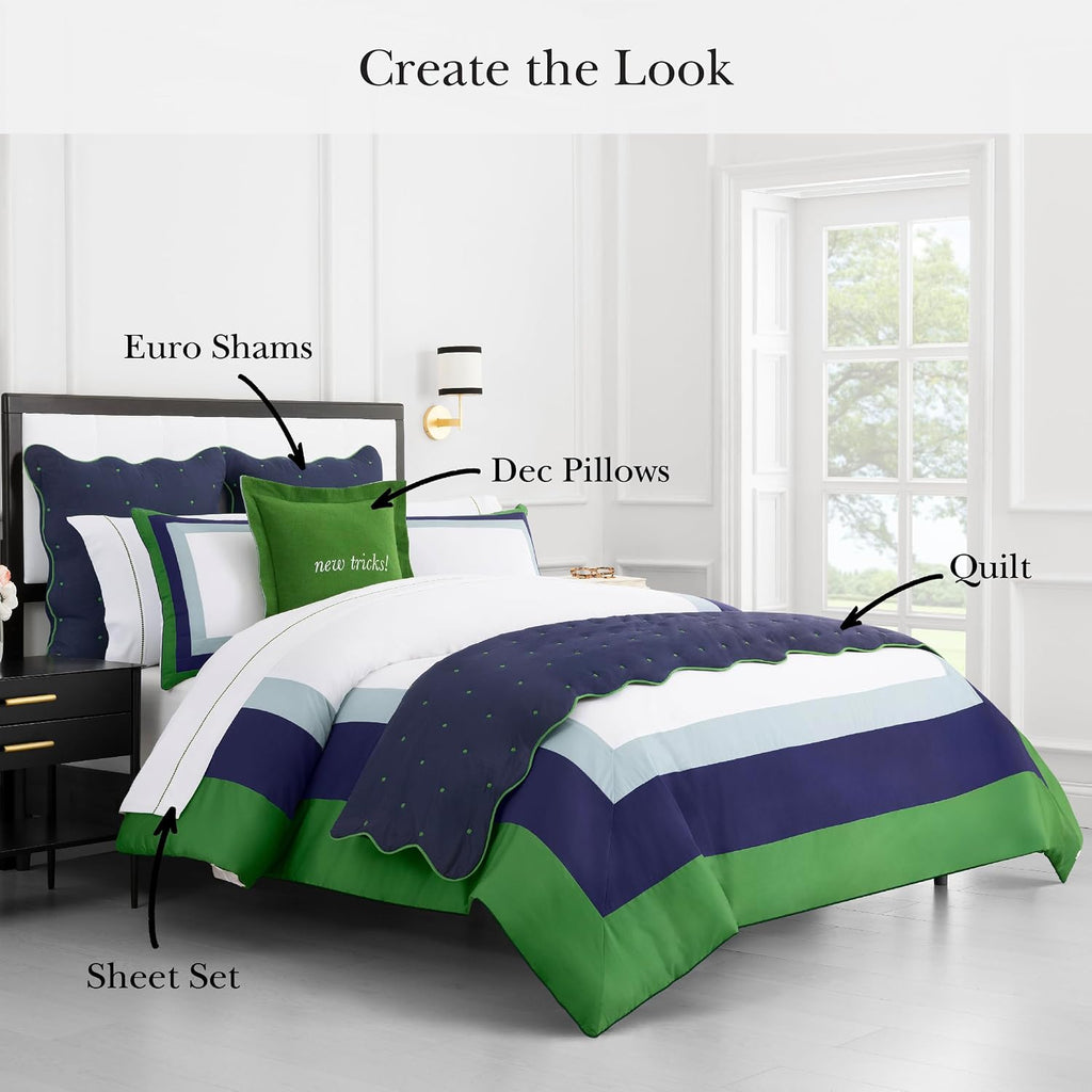 kate spade new york Color Block King Comforter Set, 300 Thread Count and 100% Cotton Cover, All Season 3 Piece Reversible Bedding Set, Machine Washable, Navy, Green and White