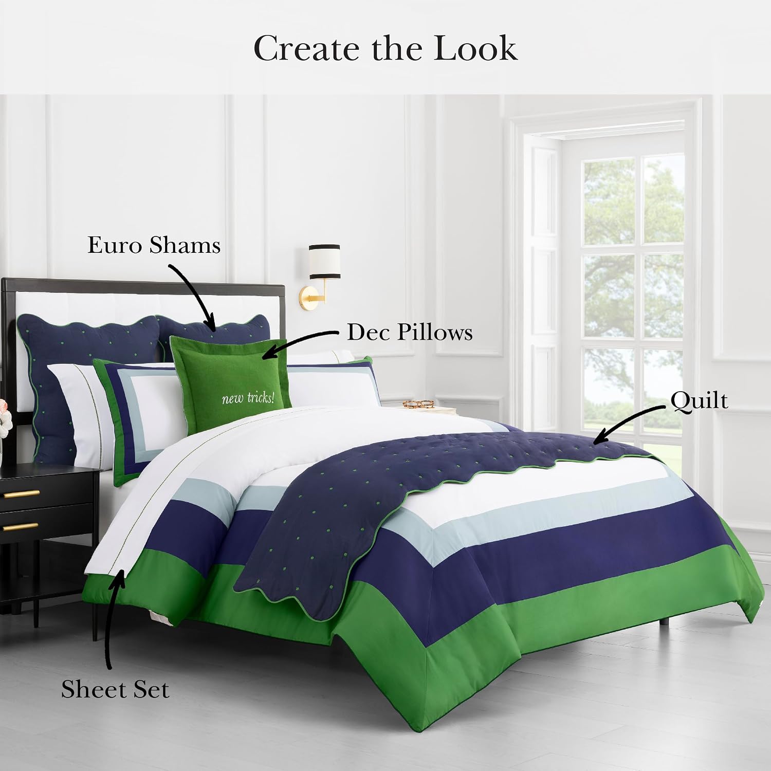 kate spade new york Color Block King Comforter Set, 300 Thread Count and 100% Cotton Cover, All Season 3 Piece Reversible Bedding Set, Machine Washable, Navy, Green and White