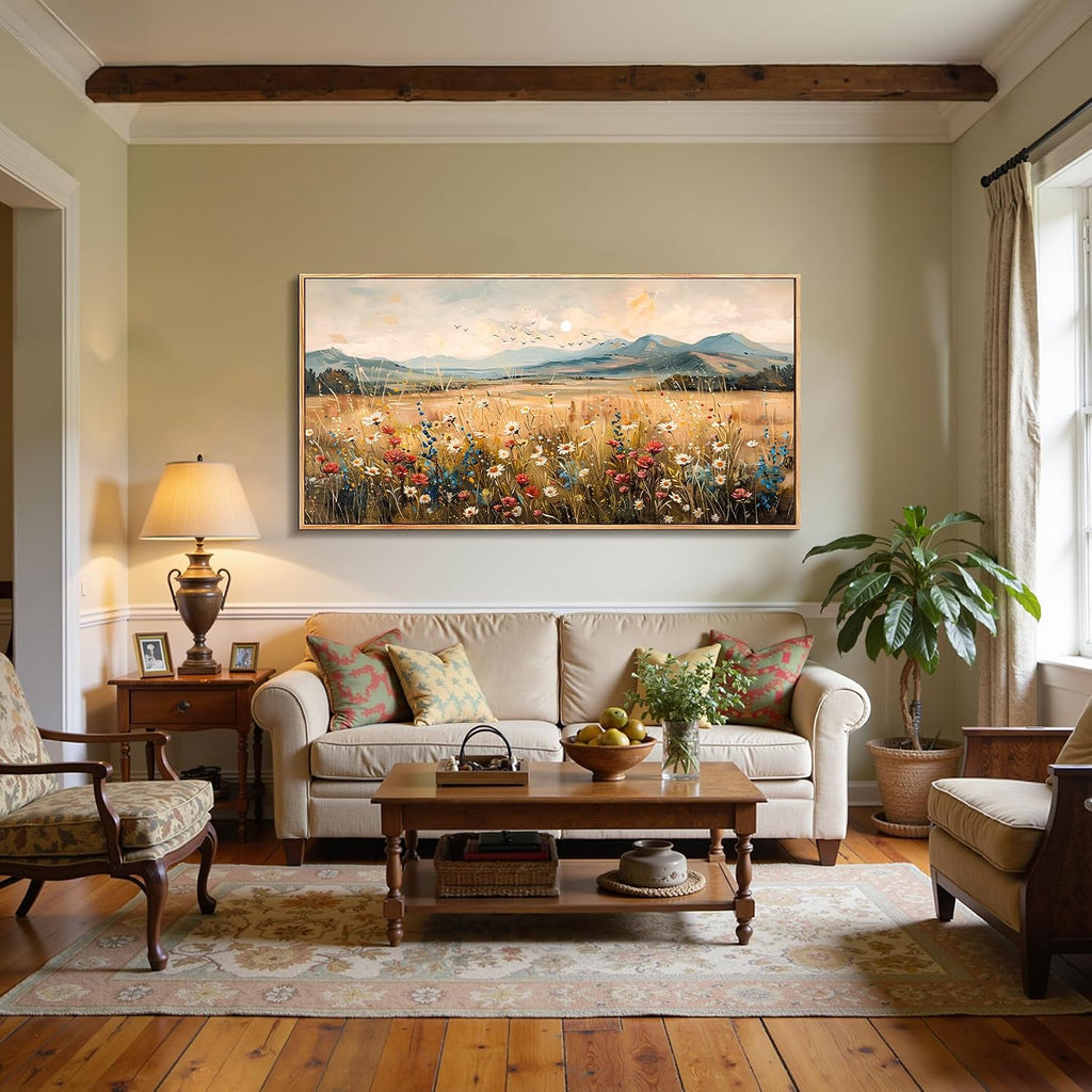 imjiayu Extra Large Wall Art, Landscape Wall Art, Rustic Wall Decor, Country Wildflowers Framed Art Prints, Neutral Oversized Paintings for Living Room Dining Room Farmhouse Home Decoration 29'x57'
