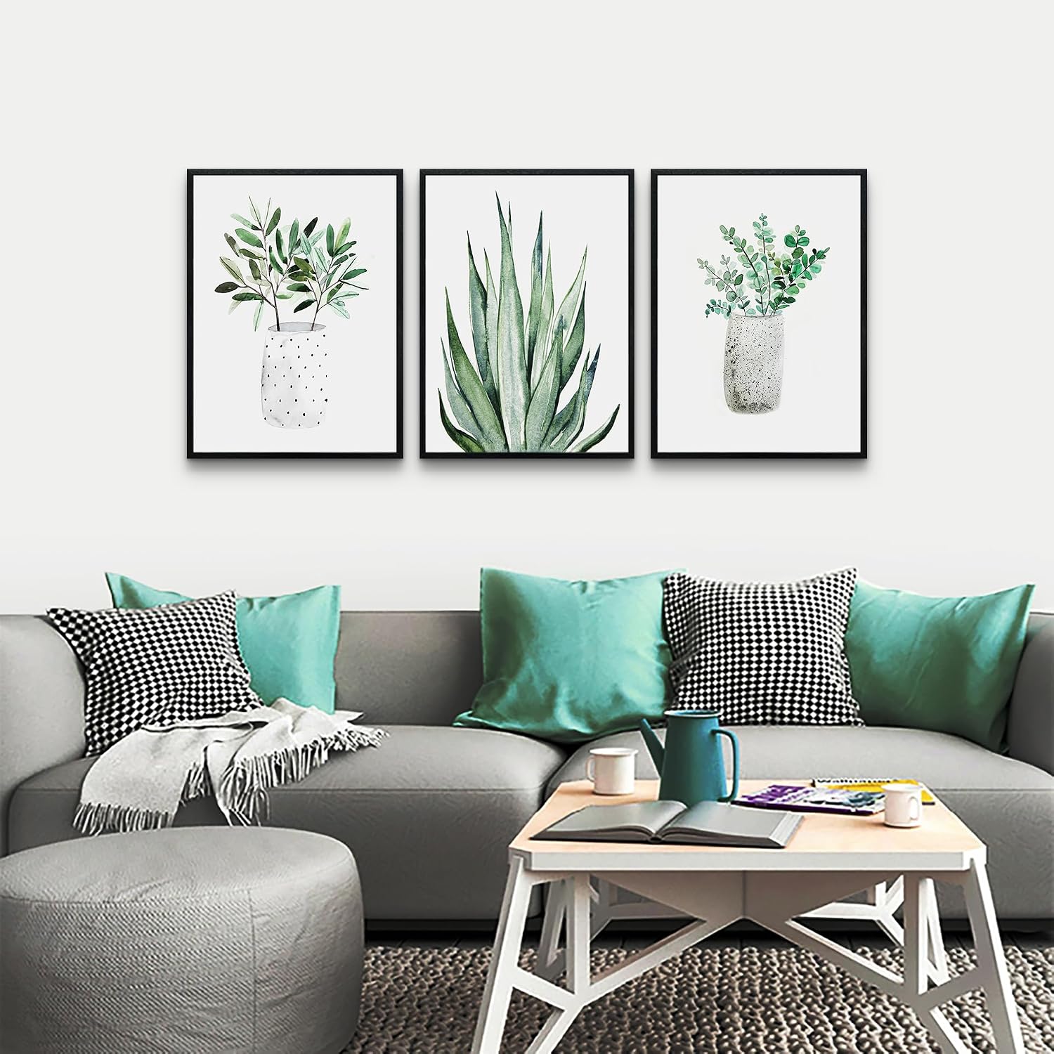 AHUASJART Black Framed Wall Decoration Living Room Wall Art Painting For Dining Room Large Wall Decor For Bedroom Kitchen Decor Art Green Leaf Pictures Artwork For Home Walls 3 Piece Art Prints