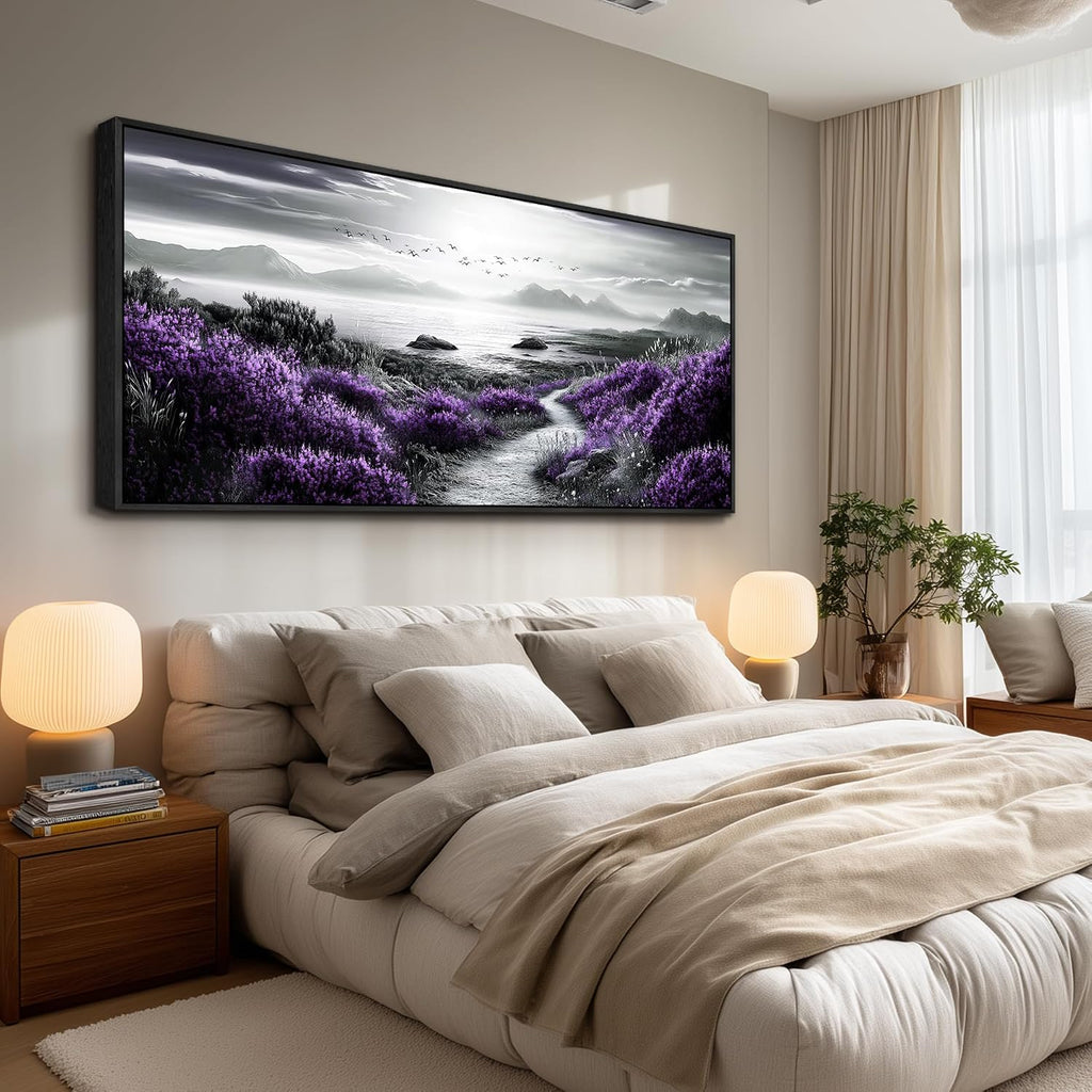 FUHAIHUA Canvas Wall Art For Living Room Wall Decor For Bedroom Office Wall Decoration Purple Flowers Landscape Painting Black And White Pictures Artwork Room Aesthetic Home Decor 32x72 In