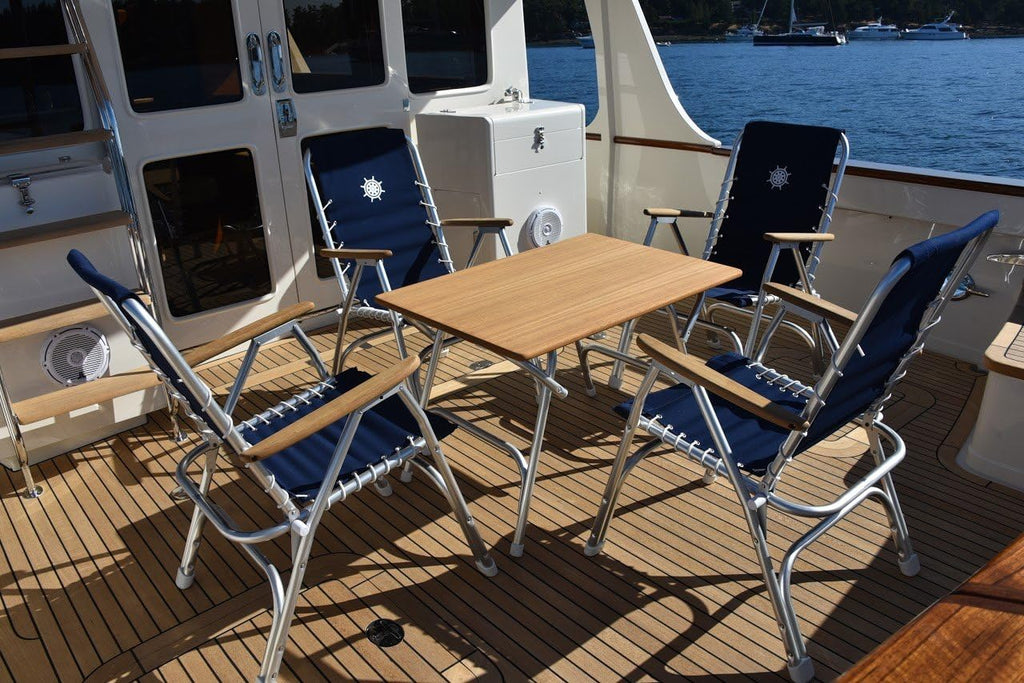 Boat Chairs High Back Navy Blue Deck Folding Marine Aluminum Teak Furniture Set of 2 M150NB