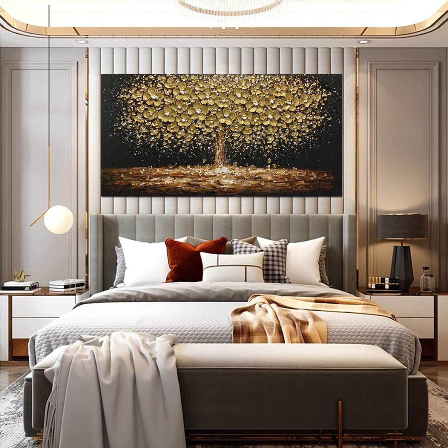 Art8YuQi Paintings - Contemporary Abstract Art Oil Painting On Canvas Texture 3D Golden Tree Gary Painting Handmade Artwork Picture Canvas Wall Art Modern Home Decor living room Ready to Hang