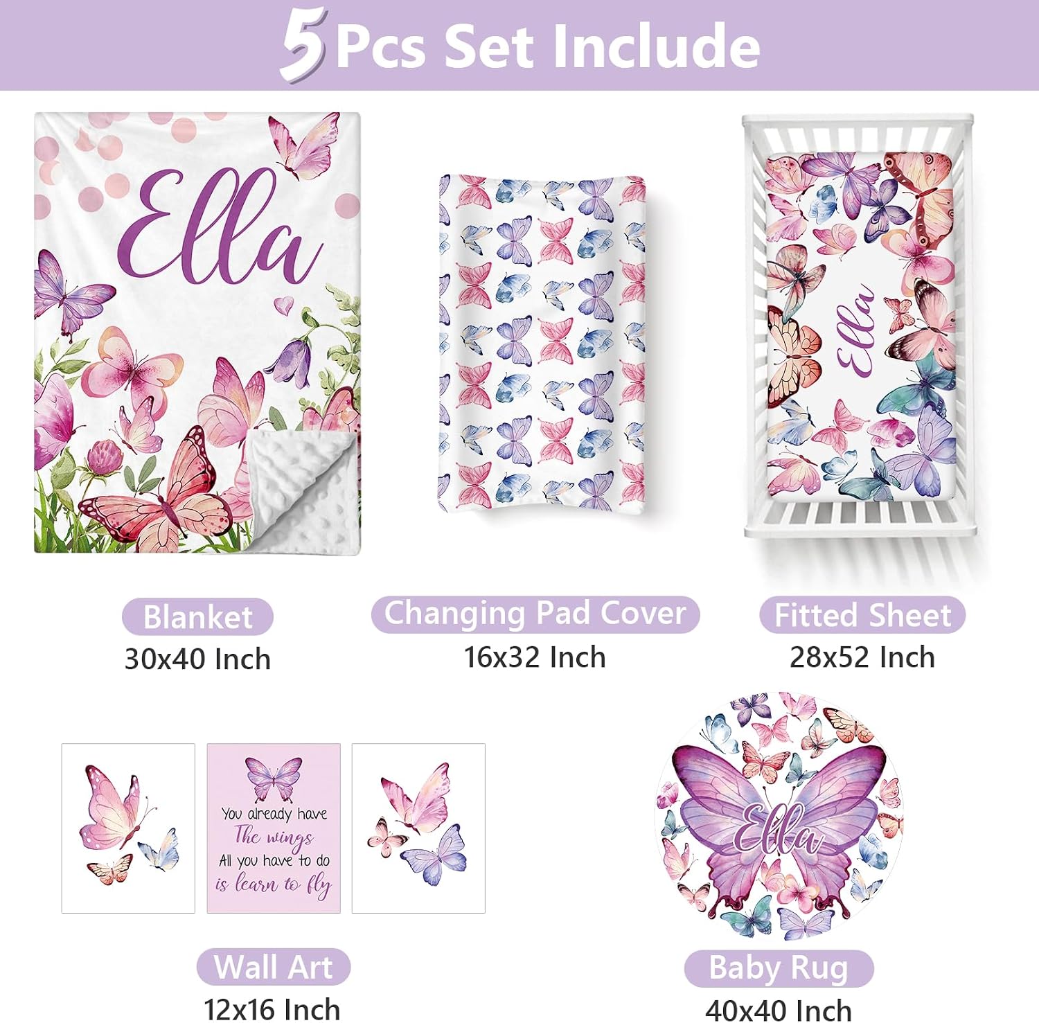 Custom Baby Crib Bedding Set, 5 PCS Personalized Name Baby Crib Sets for Girls Boys, Butterfly Theme Nursery Bedding Sets for Infant Toddler, Double Layer Flannel Bed Set Customized Gifts