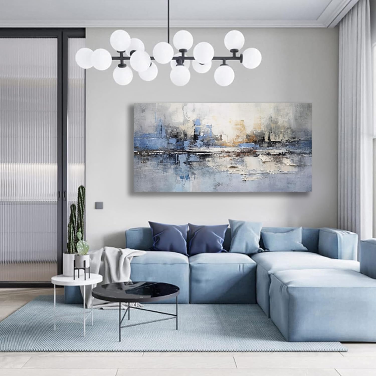 VHMING Abstract Wall Art Wall Decor Blue and Gray White Modern Canvas Wall Paintings Abstract Artwork for Living Room Bedroom Bathroom Office Home Decor Can Be Hung Directly 29'x 58'