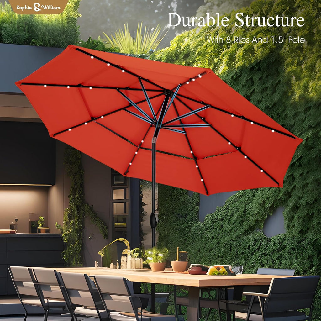 Sophia & William 10ft Patio Umbrellas 3-Tier Umbrella Outdoor Patio Umbrellas with Lights Vented Top 24 LED lights Adjustable Tilt for Pool Garden Backyard, Red