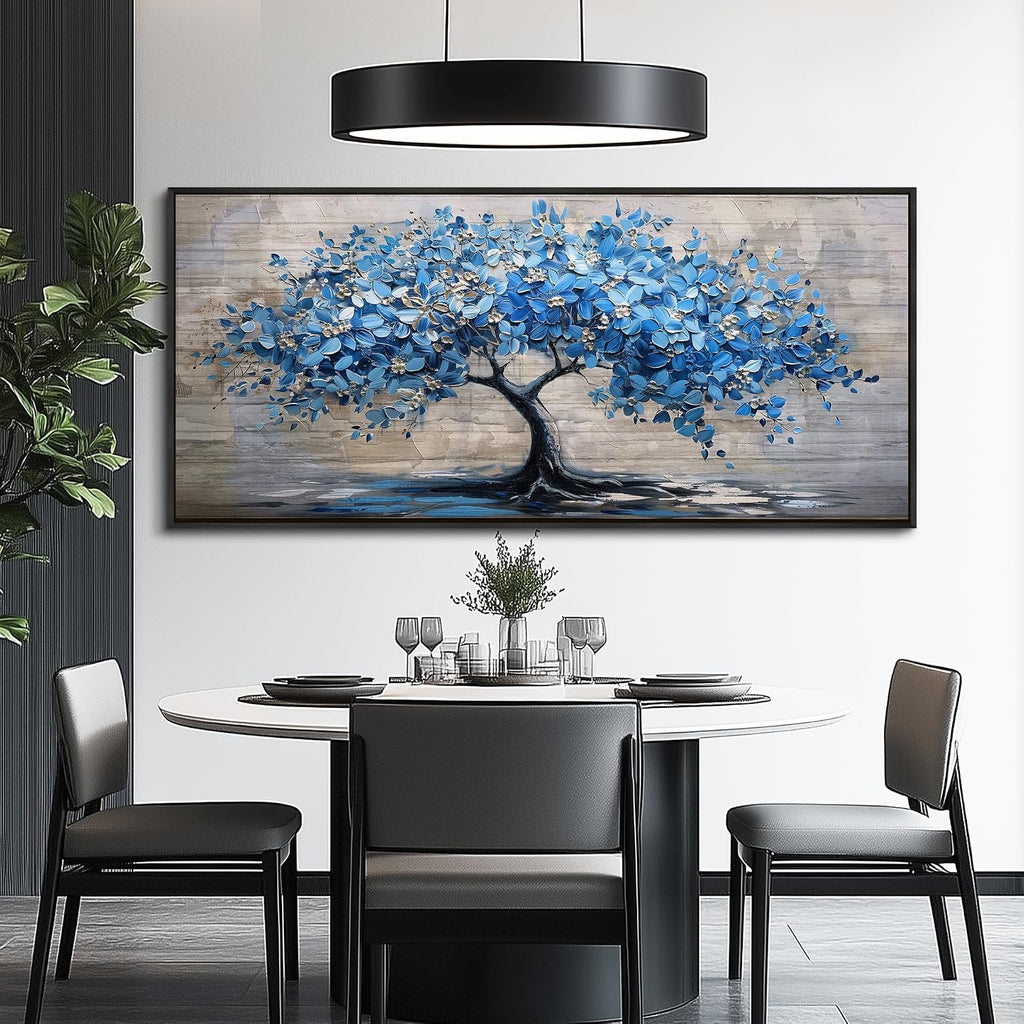ERQINHUA Large Canvas Blue Tree Printed Painting Wall Decor For Living Room Office Wall Art For Bedroom Abstract Farmhouse Restaurant Mural Artwork Picture Home Decoration Black Framed 32x72 In