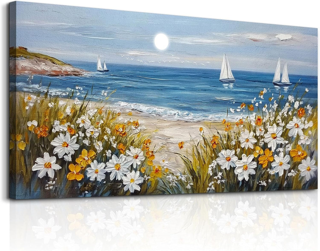 KELIYUAN Large Vintage Landscape Painting Home Decor Blue Ocean Beach Painting Living Room Decorative Wall Art Modern Print Canvas White Flowers Farmhouse Office Bedroom Wall Decor 30 X 60 Inches