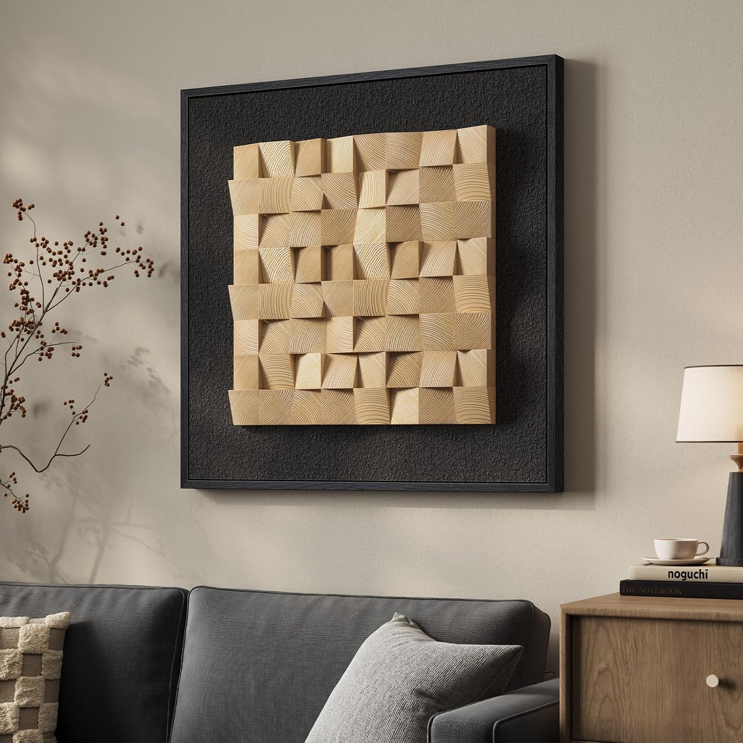 Framed 3D Textured Wood Wall Art, Modern Minimalist Nature Wood Geometric Artwork for Walls, Contemporary Rustic Black Sandstone Painting Wall Decor for Living Room, Bedroom, Kitchen, Office, 28x28