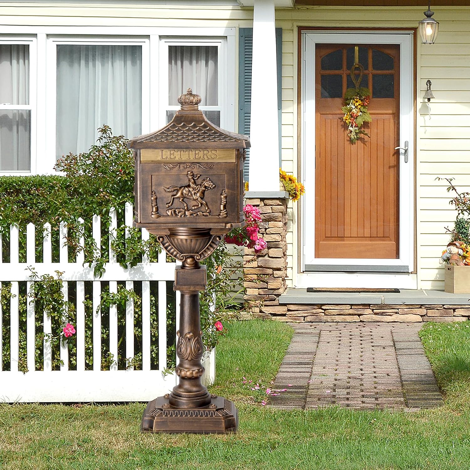 Cast Aluminum Mailbox with Post, Heavy Duty Postal Box with 2 Keys, Baffle Door, Expansion Bolts, Address Panel, In-Ground Large Security Mailbox for Outside, Antique Bronze