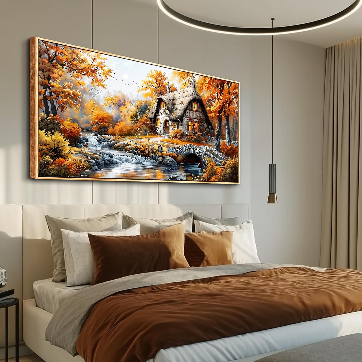 QIYILEXWART Canvas Wall Art For Living Room Large Wall Decor For Office Bedroom Decorations Autumn Cottage River Landscape Pictures Farmhouse Painting Artwork Room Wall Mural Aesthetic Home Decor 30x60 In