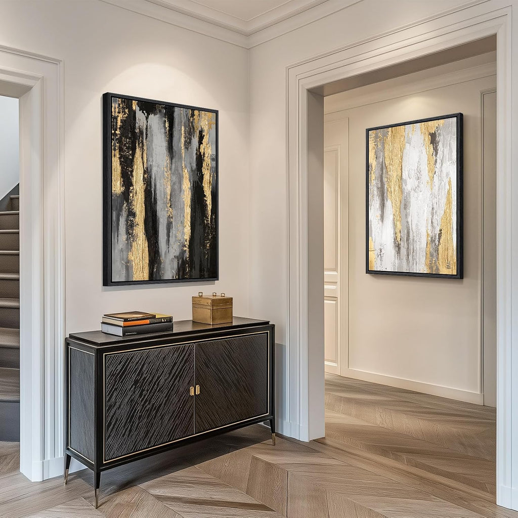 Large Framed Black and White Abstract Wall Art for Living Room, Set of 2 Piece Minimalist Canvas Prints Paintings Artwork for Walls, Modern Black Gold Pictures for Hallway Office Wall Decor Big Size 24x36 In