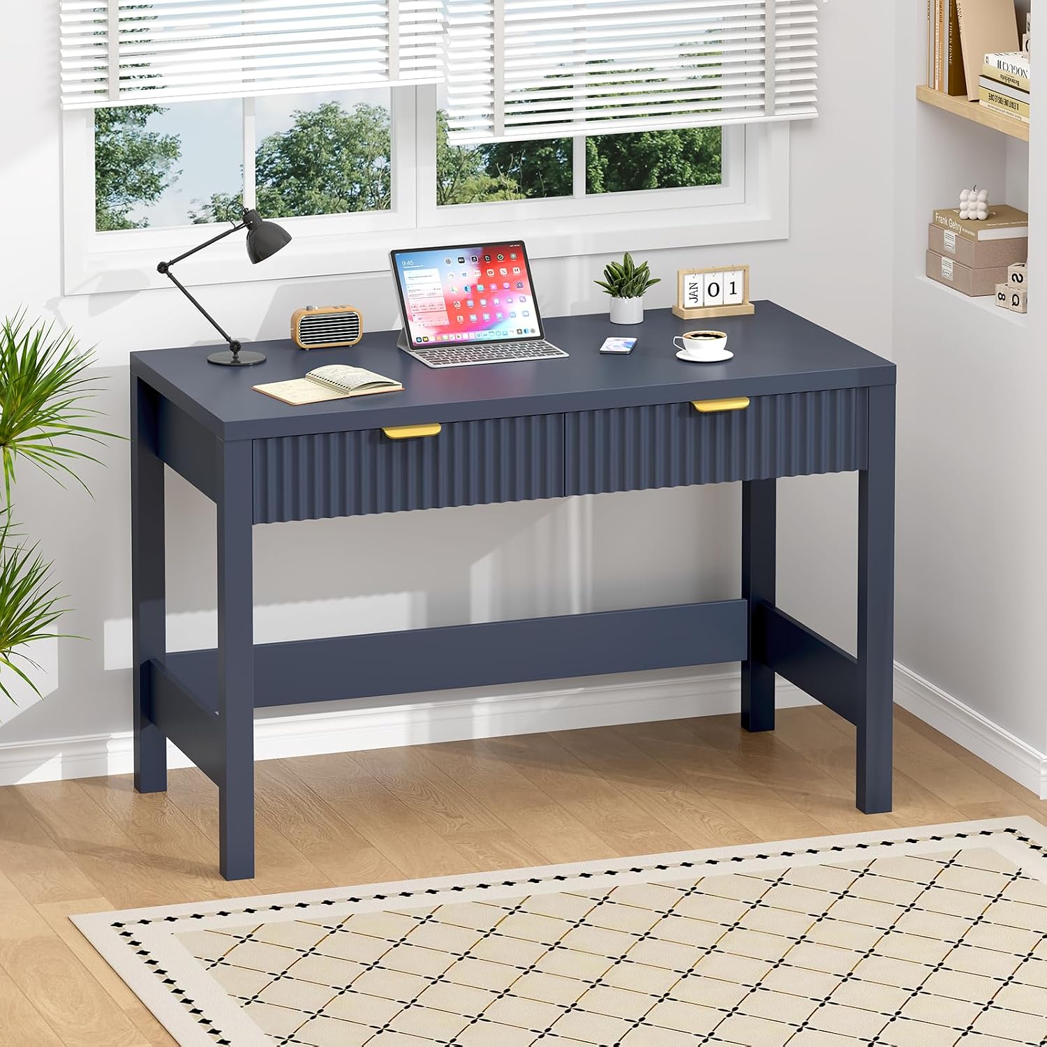 YOMILUVE Fluted Computer Desk with 2 Drawers, 39 Inch Small Computer Desk with Storage, Compact Writing Study Desk for Small Spaces, Blue