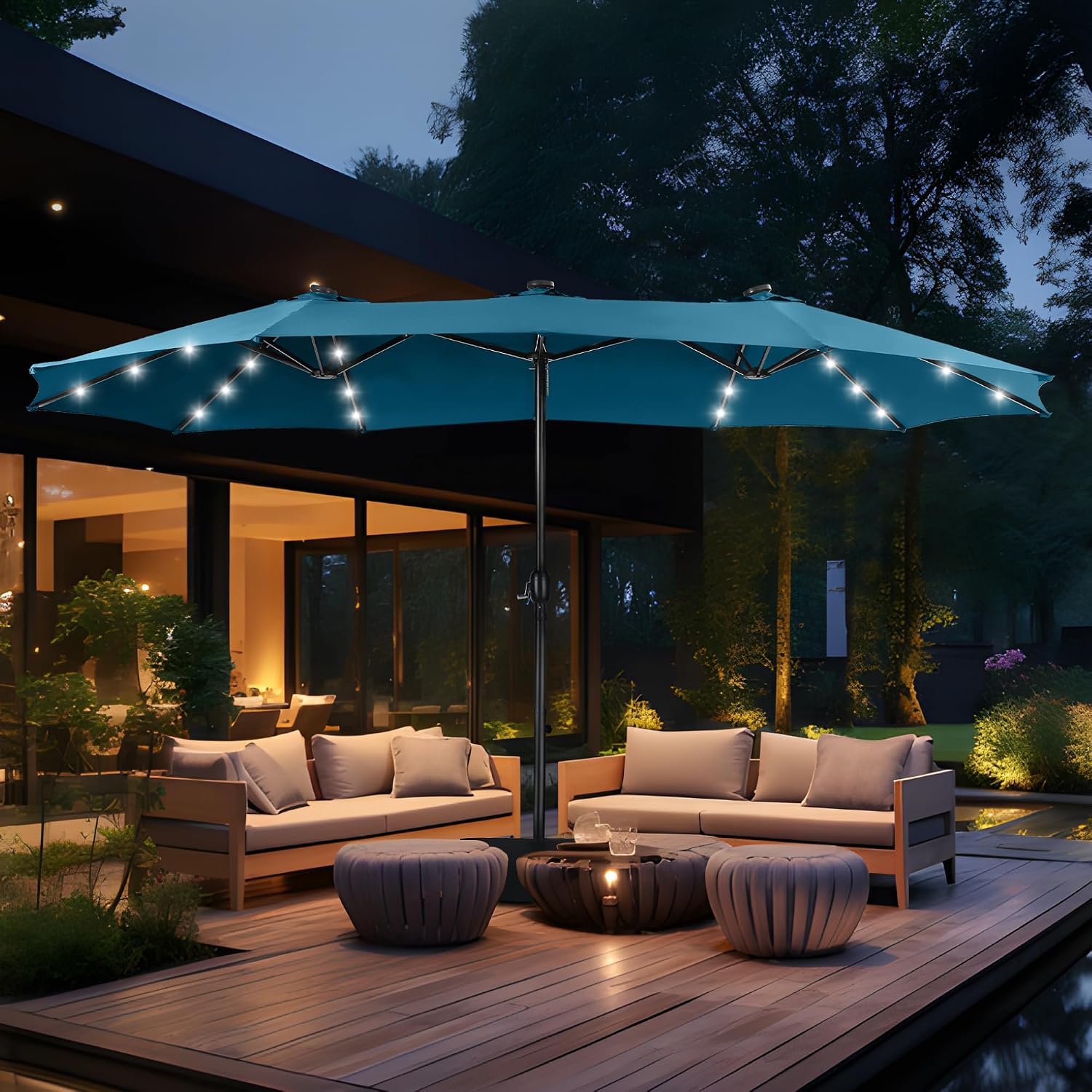 MFSTUDIO 15ft Double Sided Patio Umbrella with Solar Lights, Outdoor Large Umbrellas with Crank Handle and 36 LED Lights, Rectangular Market Umbrella with Base Included for Deck Pool Shade, Cerulean