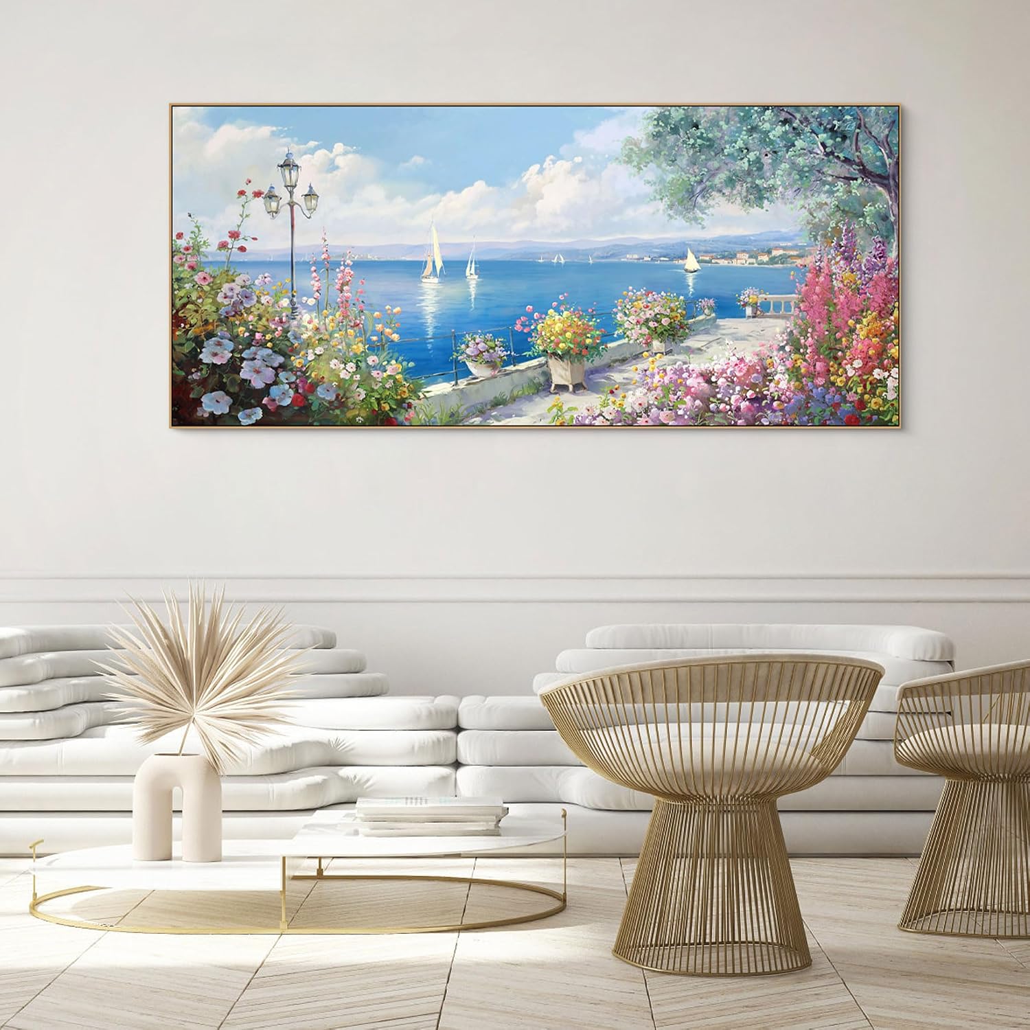 XLSJERST Coastal Wall Art for Living Room - Extra Large 70x31 Inches Ocean Seascape Canvas Beach Painting Landscape Sailboat Picture Modern Artwork Framed for Bedroom Office Home Decor