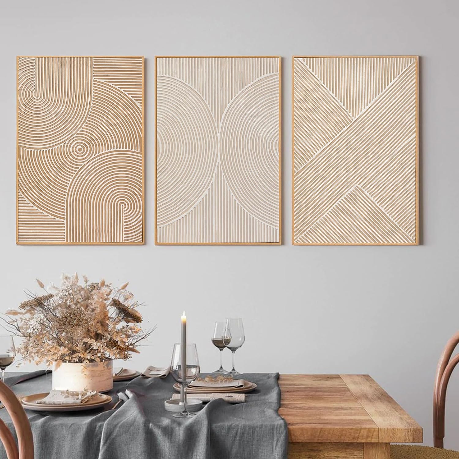 Zessonic Neutral Minimalist Textured 3D Wall Art Abstract Hand-Painted Framed Wall Decor Geometric Artwork Canvas Paintings- Living Room Bedroom Office - Modern Boho Neutral Line 16'x24' 3 piece