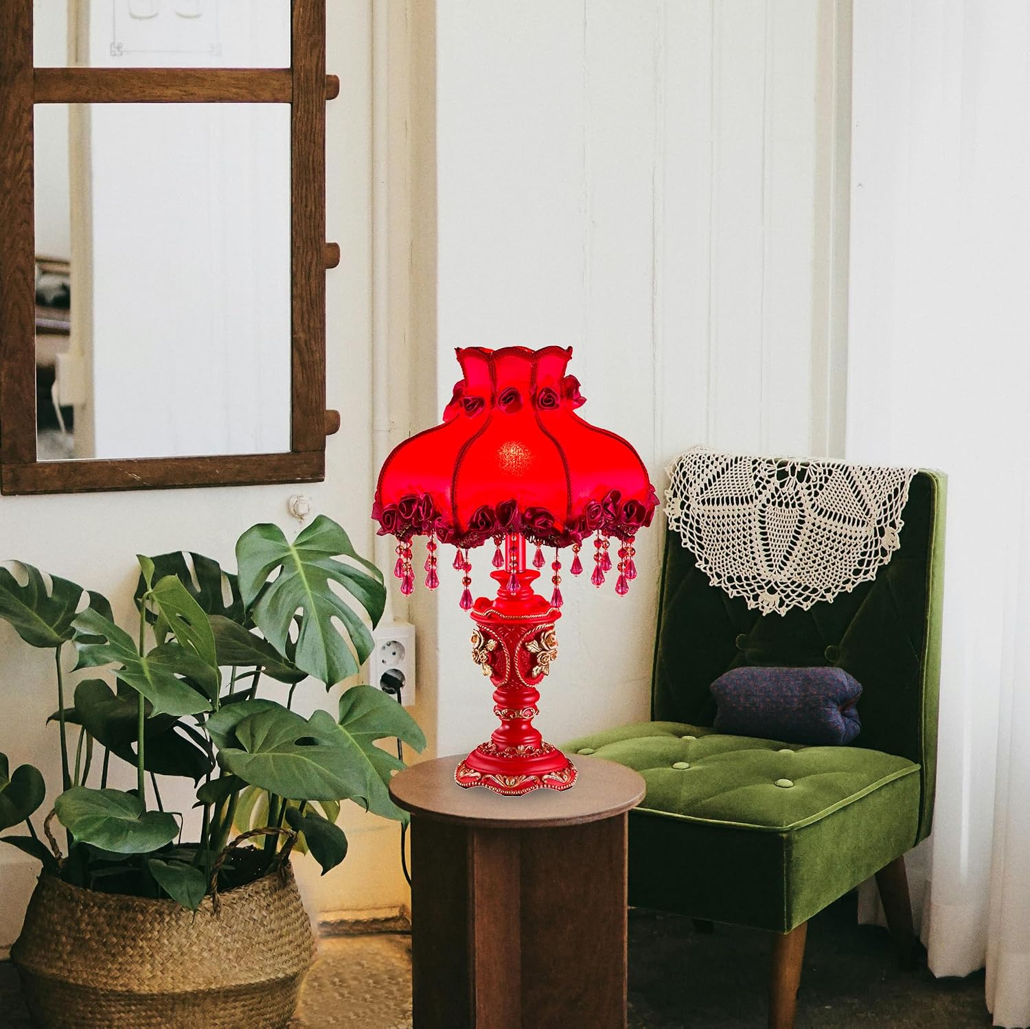 Elegant Table Lamp with Fabric Lampshade, Antique Flower Decorative Bedside Desk Lamp, Rose Decoration Night Light for Bedroom Nightstand