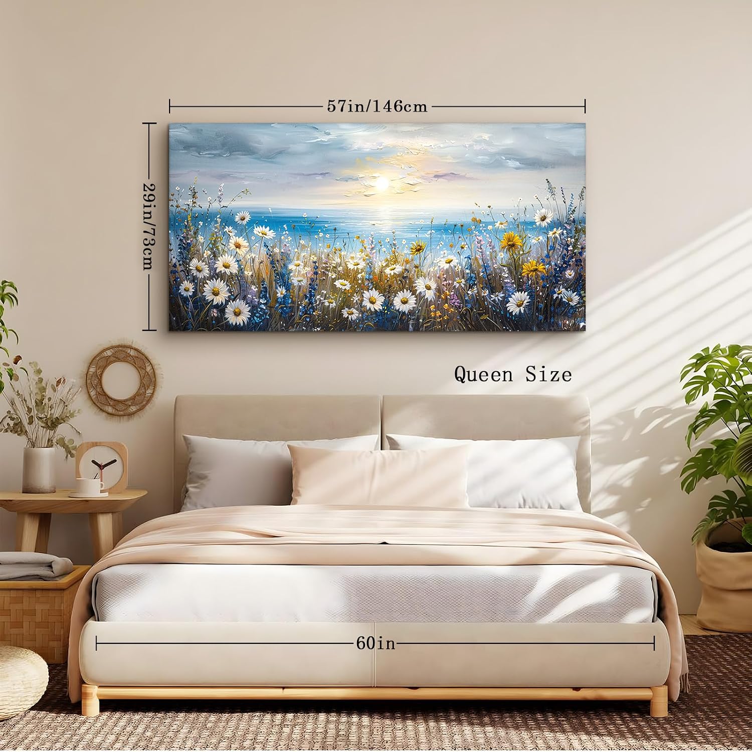 crmotu Beach Wildflower Landscape Wall Art, Seaside Sunset Extra Large Wall Decor, Daisy Floral Botanical Canvas Prints, Modern Rustic House Decorations Living Room Dining Room Farmhouse 29X57 In