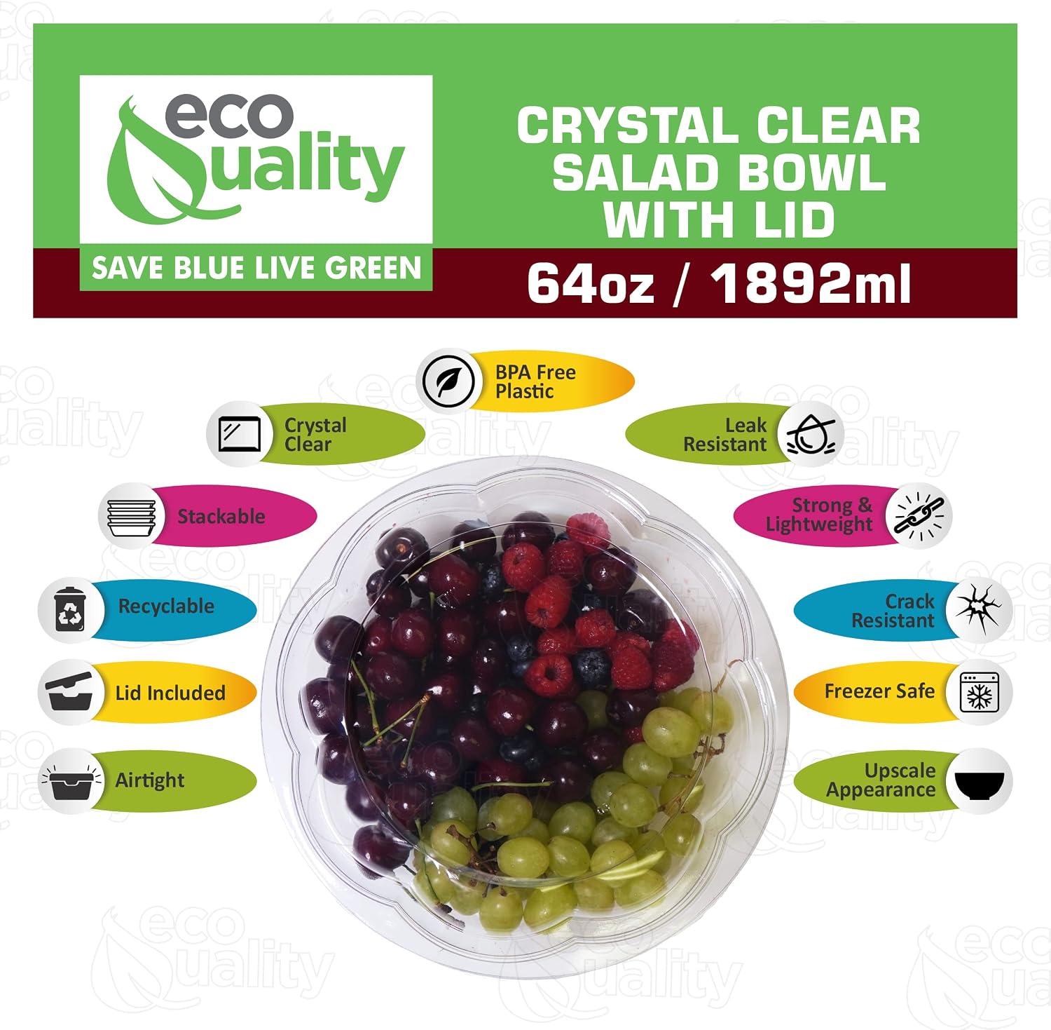 64oz Salad Bowls To-Go with Lids - Crystal Clear Plastic Disposable Wide Salad Containers | Airtight, Lunch, Salads, Parfait, Fruits, Leak Proof, Airtight, Fresh, Meal Prep | Rose Bowl Container (200)