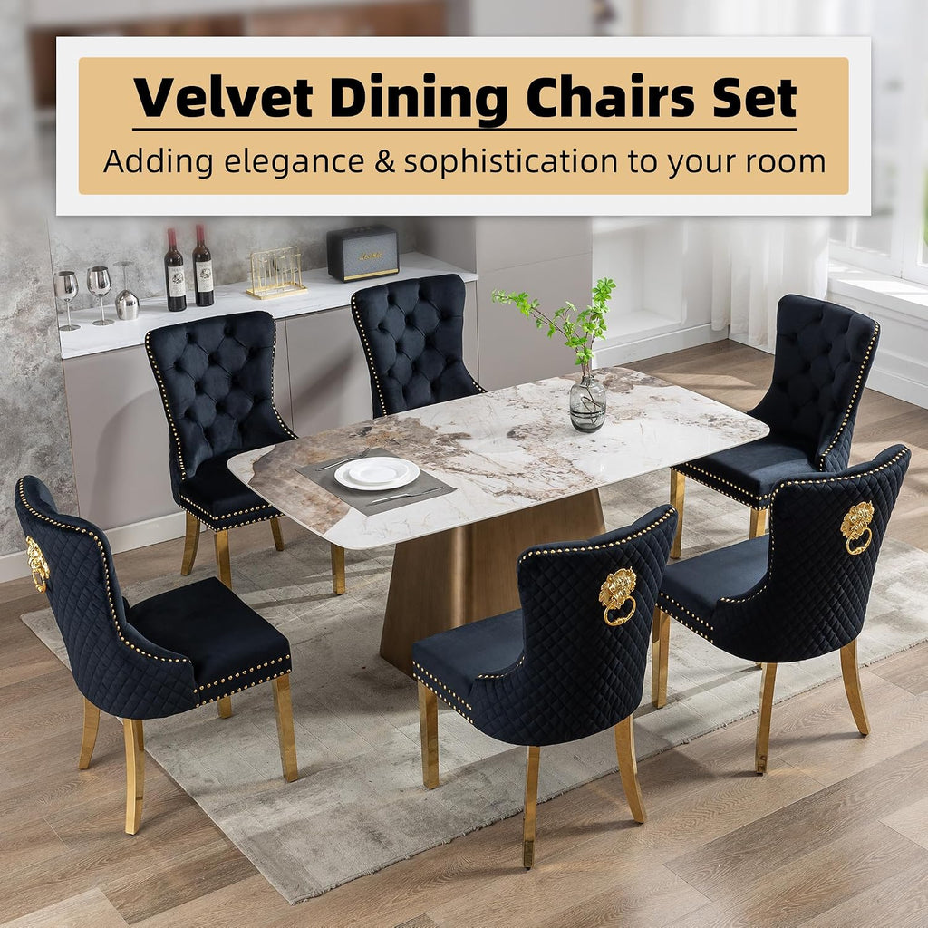 Velvet Dining Chairs Set of 6, Upholstered Dining Room Chairs, Mid-Century Modern Chairs with Diamond Lattice Tufted Back, Lion Pull Ring Rivet Trim, Golden Metal Legs for Kitchen, Black