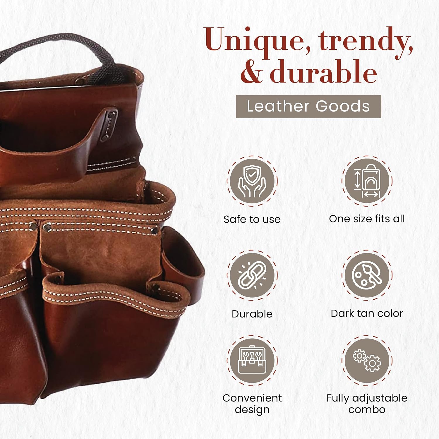Style n Craft - 4 Piece and 19 Pockets Pro Framer's Combo, Tool Belt with 2 Tool Pouches and 1 Pliers and Hammer Holder, Full-Grain Leather Carpenter Tool Belt Combo, Dark Tan (98444)