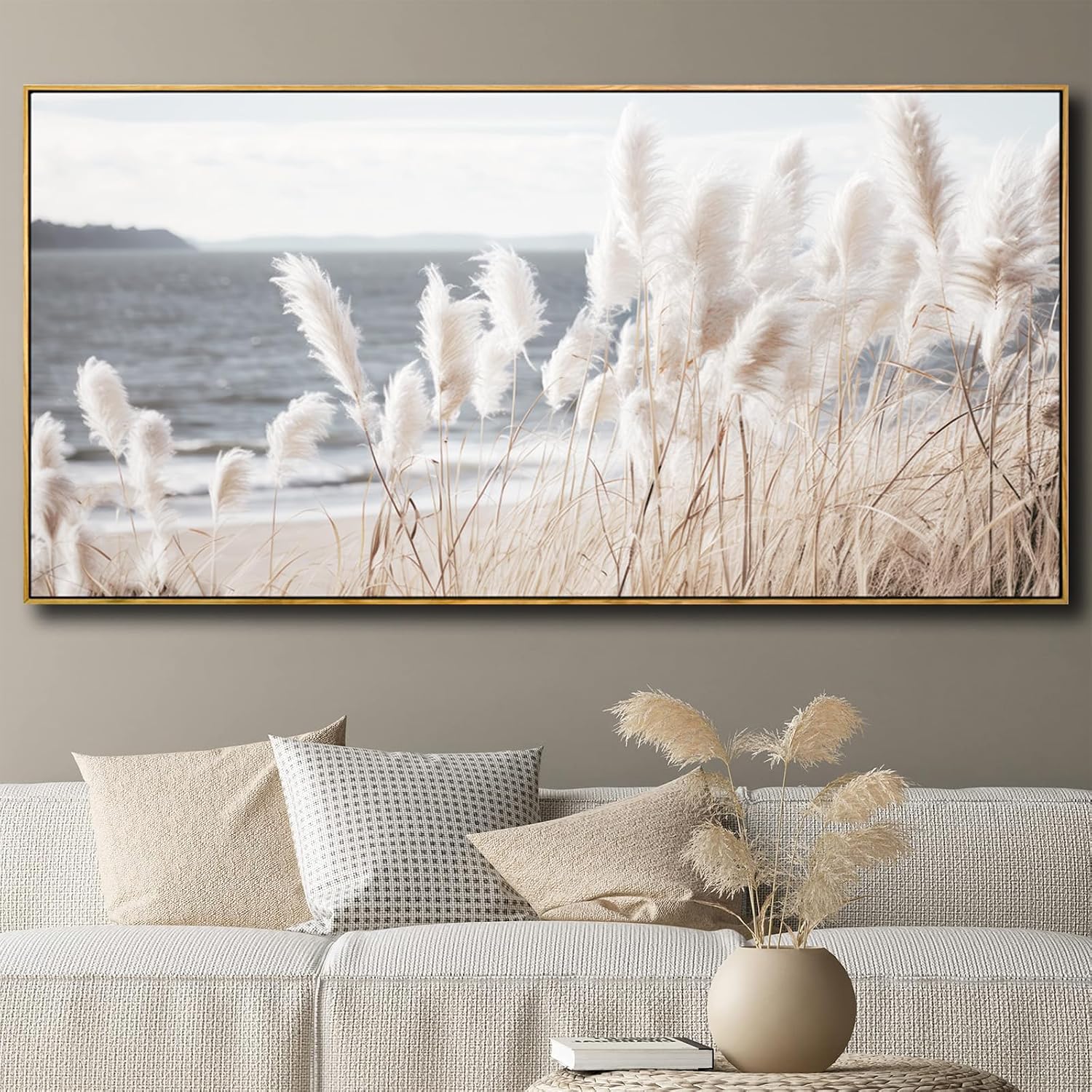 Framed Wall Art Artwork Decor Nature Canvas Painting ReedSeascape Wall Decor for Bedroom Living Room Decoration Home Kitchen Office 24' x 48'