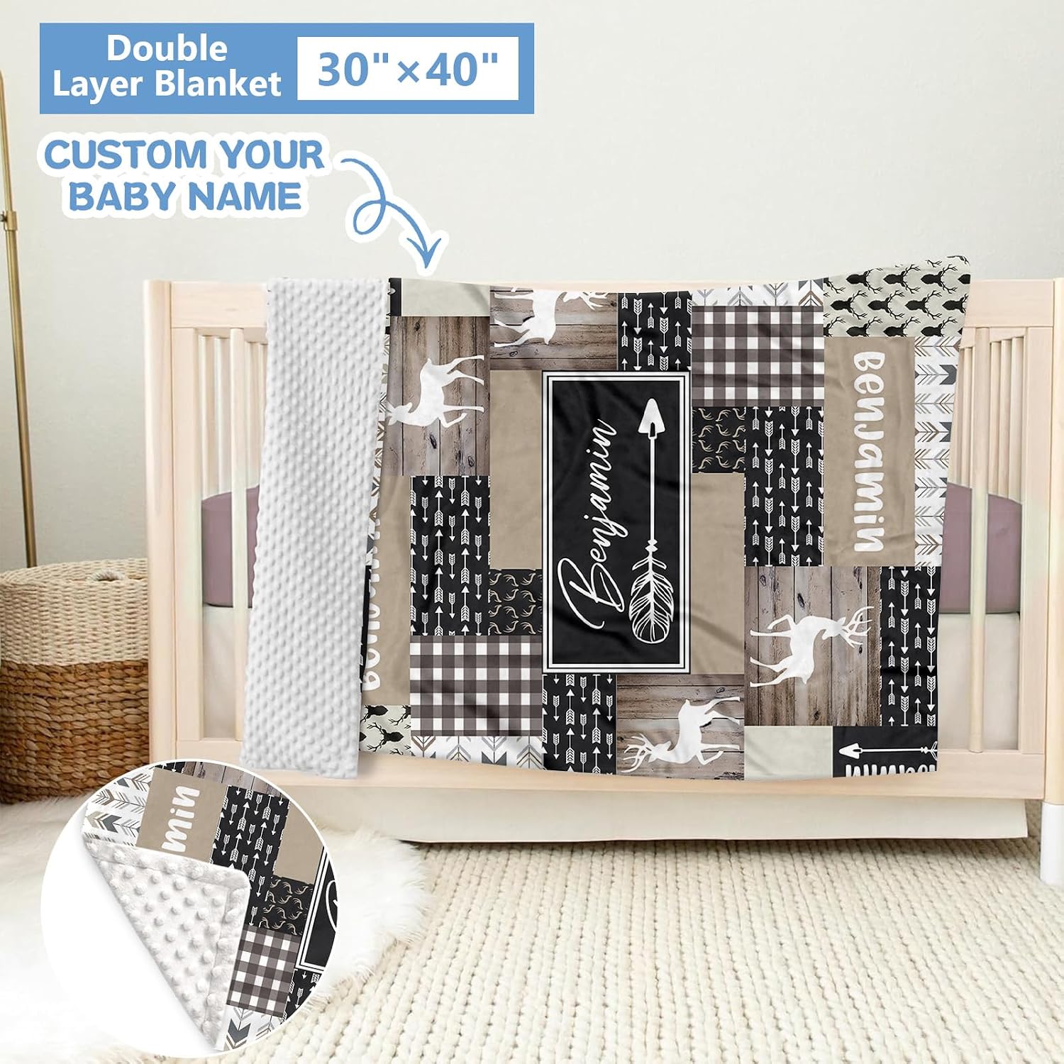 KAINSY Personalized Woodland Deer Crib Set - 5 Pcs Nursery Bedding Set With Double Layer, Soft Bedding Sets For Boys, Girls, Toddlers, Infants