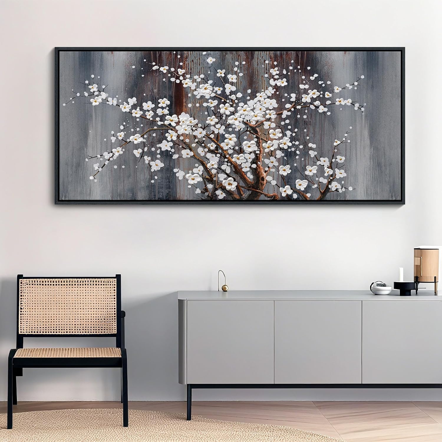 AJAZIKO Large Plum Blossom Canvas Wall Art, Brown Wall Decor, Living Room Cherry Blossom Bedroom Pictures, Framed Artwork, Modern Canvas Paintings, 31x70