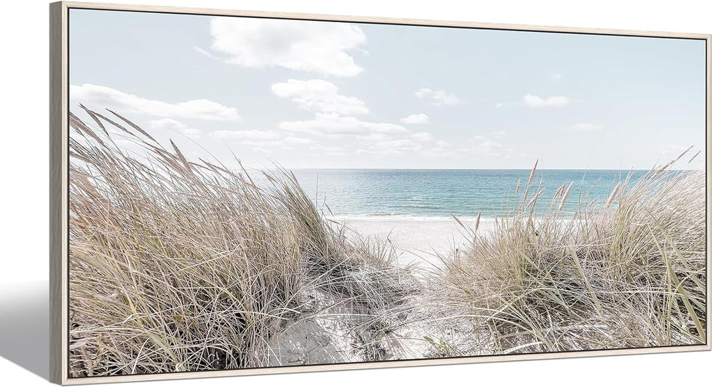 Beach Canvas Framed Wall Art: Large Coastal Seascape Picture Decor Ocean Scene Sea Print Painting Modern Seaside Seashore Grass Artwork for Bedroom Living Room Office