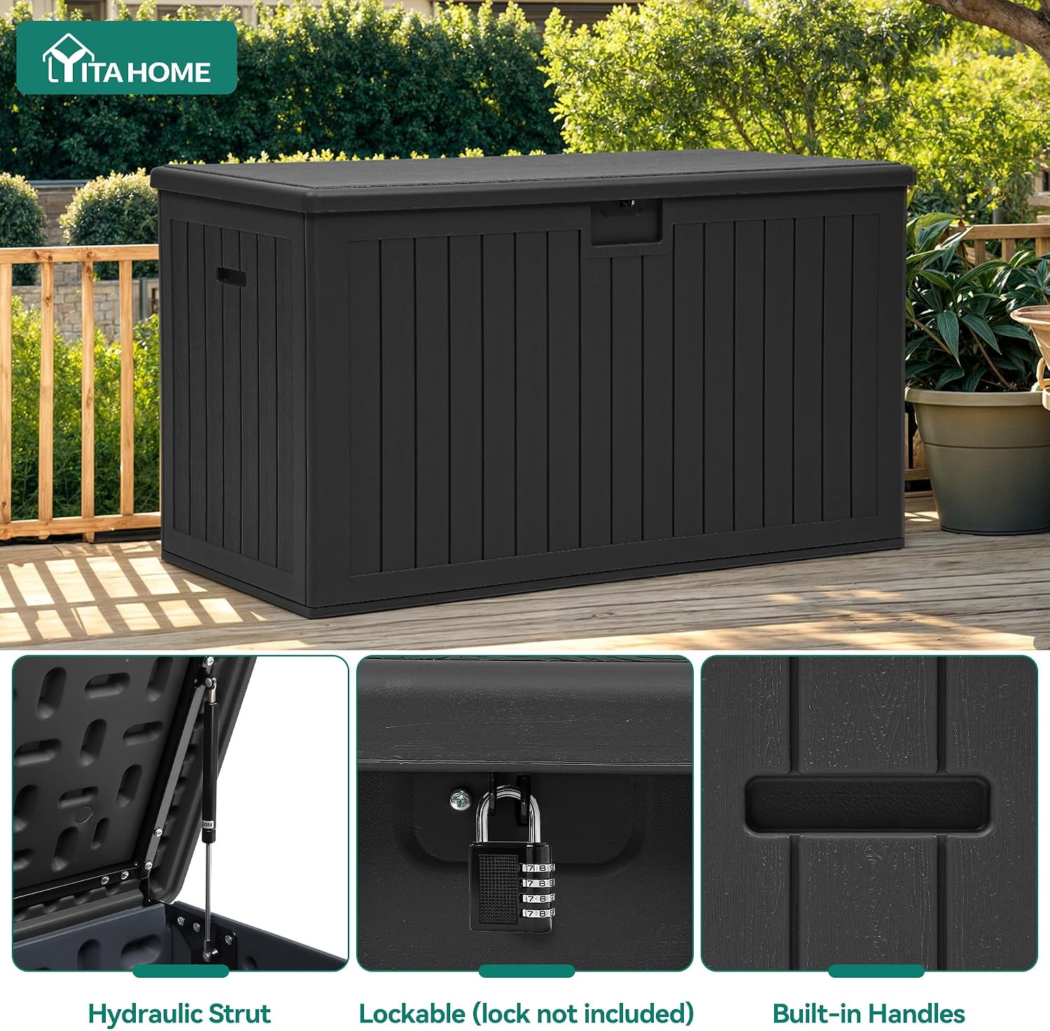 YITAHOME 220 Gallon Double-Wall Deck Box with Divider & Side Handles, Outdoor Large Storage for Patio Furniture Cushions, Garden Pool Accessories, Water Resistant & Lockable(Black)