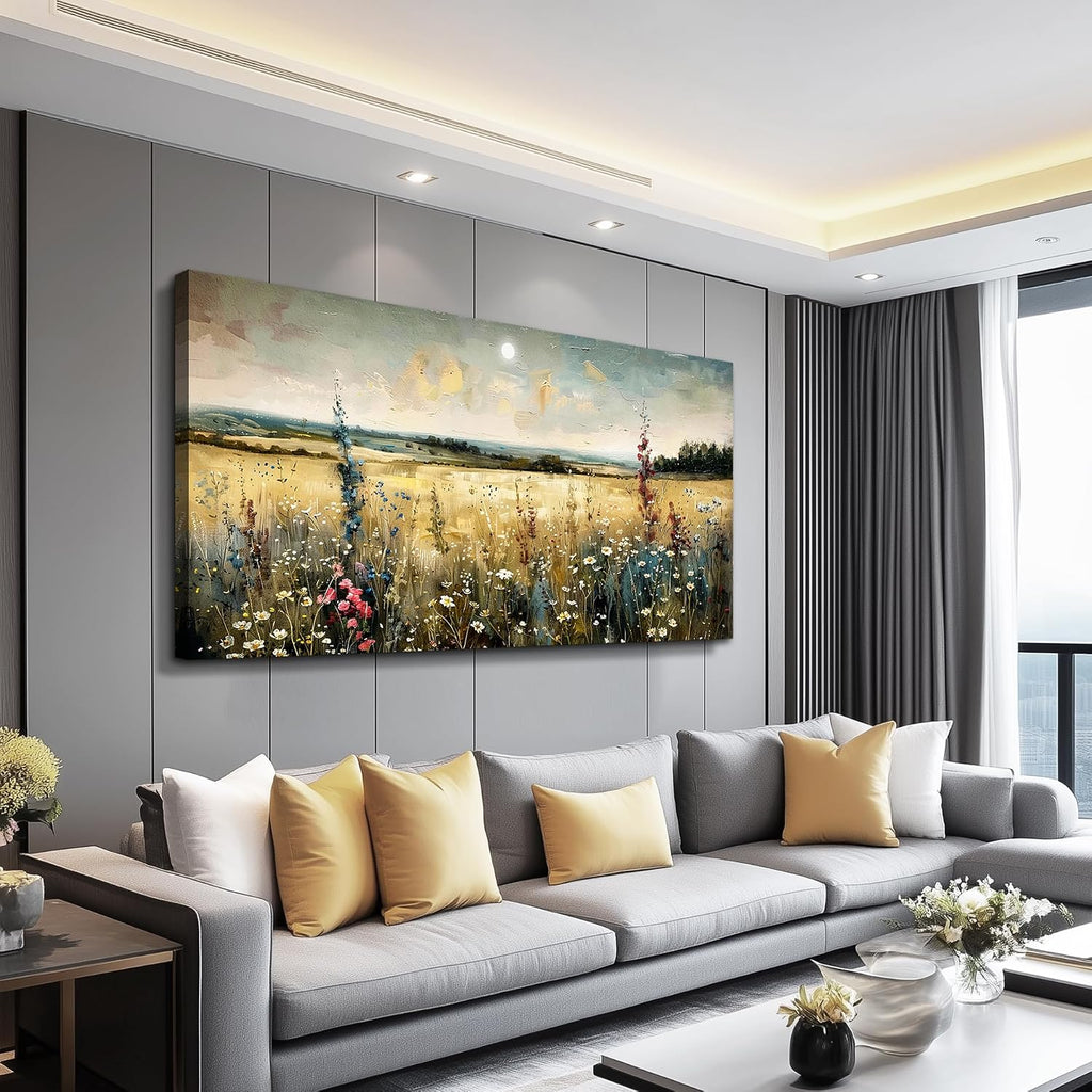KELIYUAN Large Vintage Natural Field Landscape Painting Home Decor Farmhouse Vintage Meadow Wildflowers Modern Printed Artwork Living Room Decor Bedroom Office Can Be Hung Directly 30 X 60 Inches