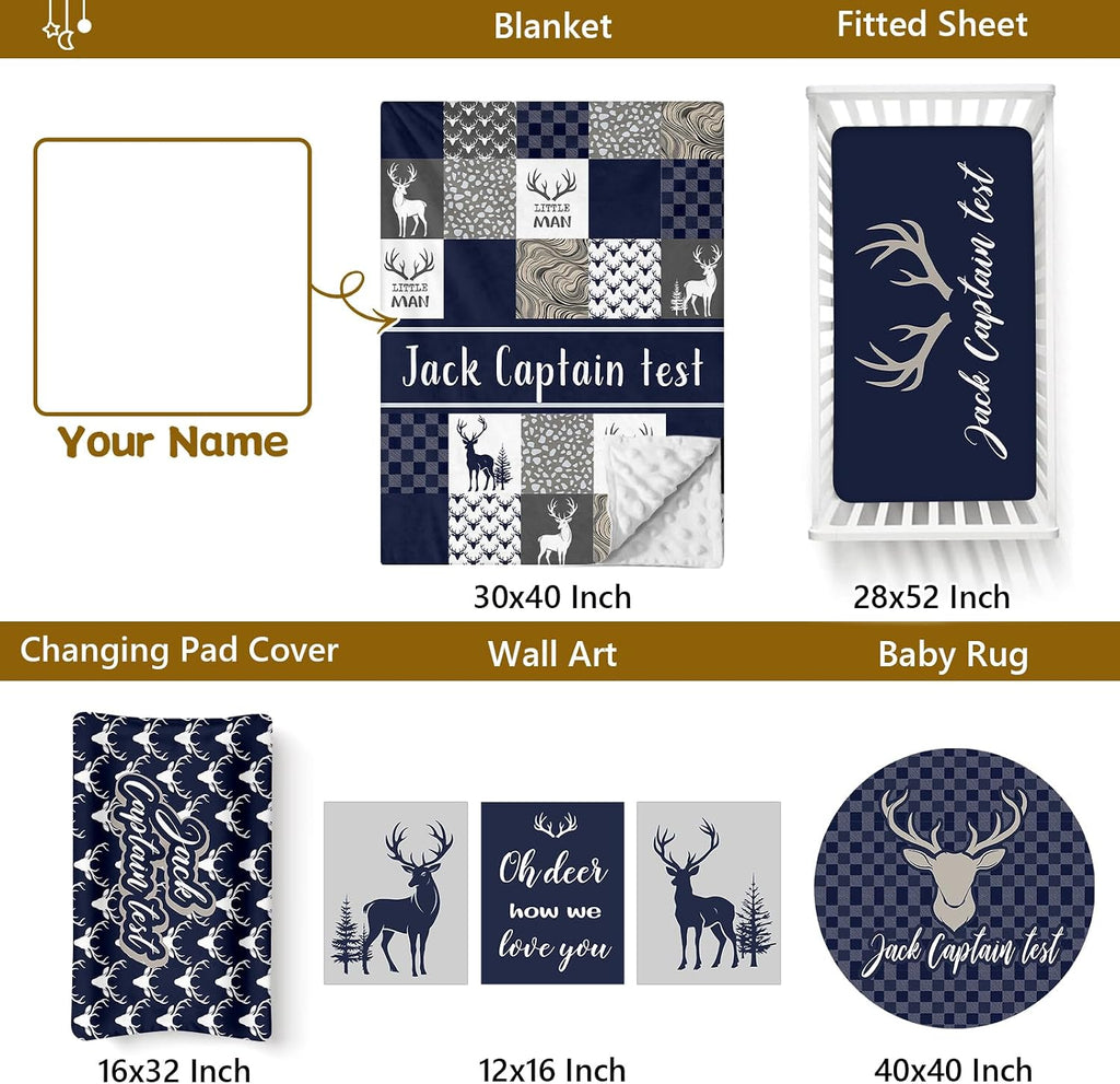 Terwex Personalized Baby Bedding, 5 Pcs Custom Name Bedding Sets for Girls & Boys - Nursery Beds, Soft Toddler Sets for Infant Customized Gifts, Blue Woodland Deer