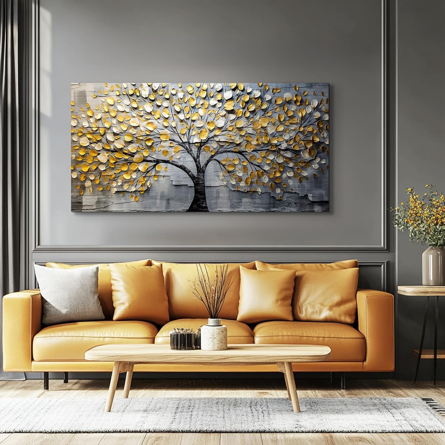 crmotu Tree of Life Large Wall Art for Living Room, Golden Tree Neutral Abstract Canvas Painting Art Prints, Nature Plant Modern Pictures Wall Decor for Bedroom Bathroom Dining Room Office 29'X57'