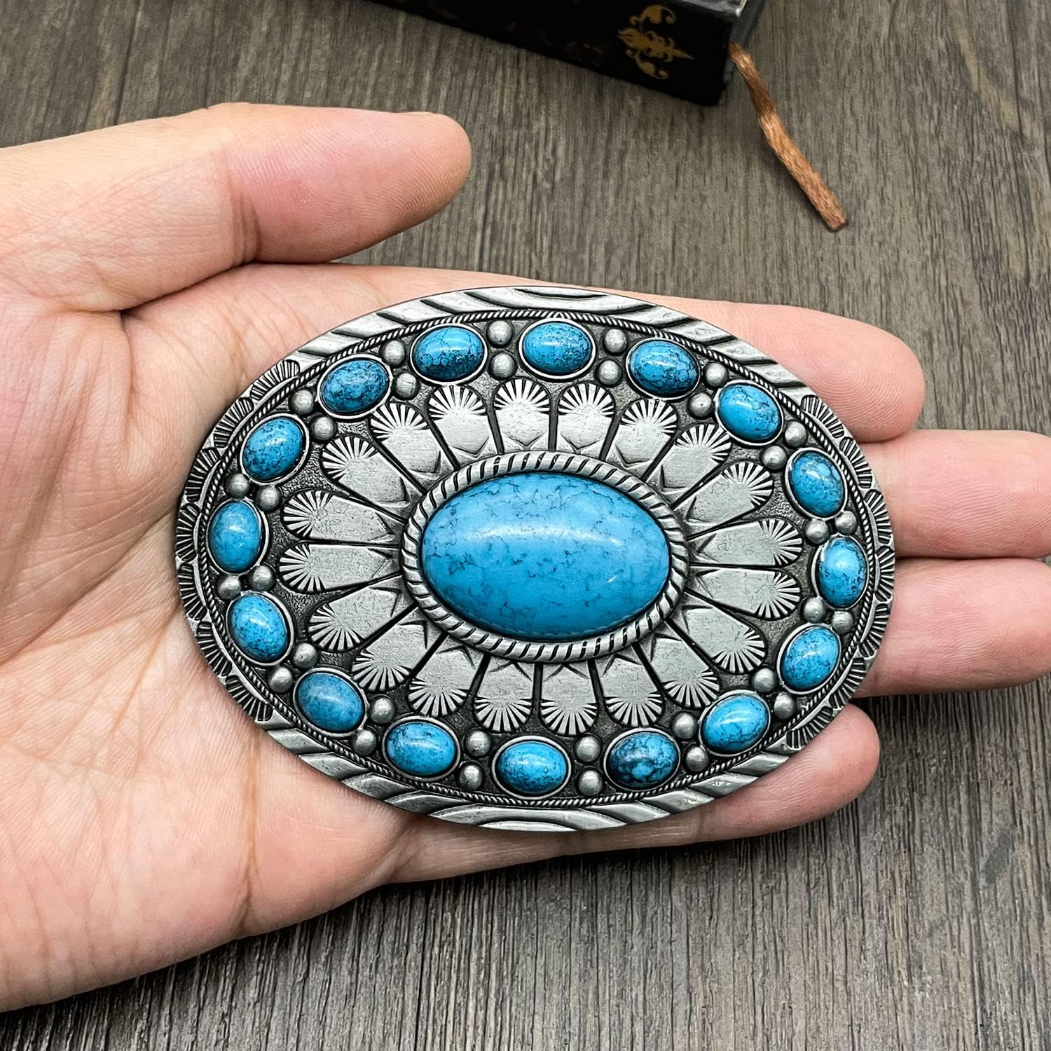 Men's Western Belt Buckle - Vintage Turquoise with Native American & Cowboy Elements