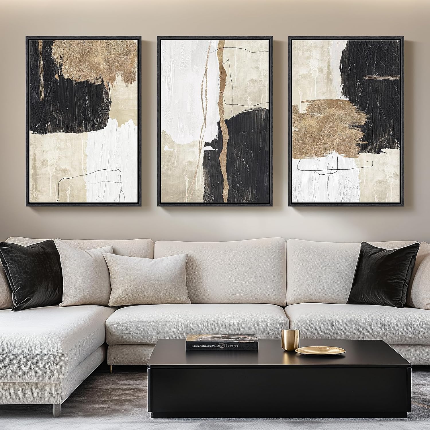 Framed Black and White Abstract Wall Art for Living Room, Large Gold 3 Piece Modern Canvas Prints Artwork for Walls, Black White and Gold Minimalist Paintings for Hallway Office Wall Decor, 24x36 Inch