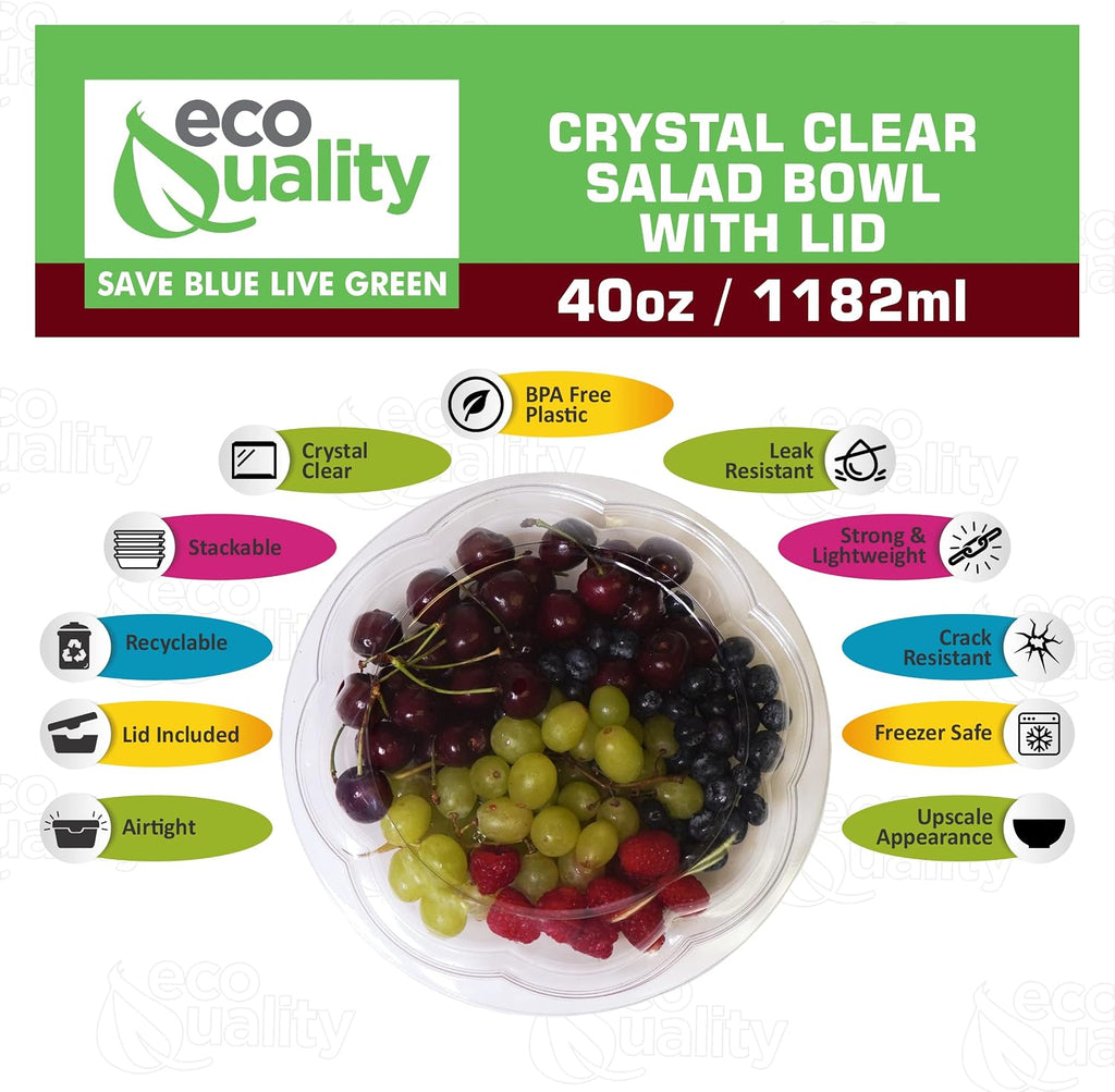 40oz Salad Bowls To-Go with Lids - Crystal Clear Plastic Disposable Salad Containers | Airtight, Lunch, Salads, Parfait, Fruits, Leak Proof, Airtight, Fresh, Meal Prep | Rose Bowl Container (150)