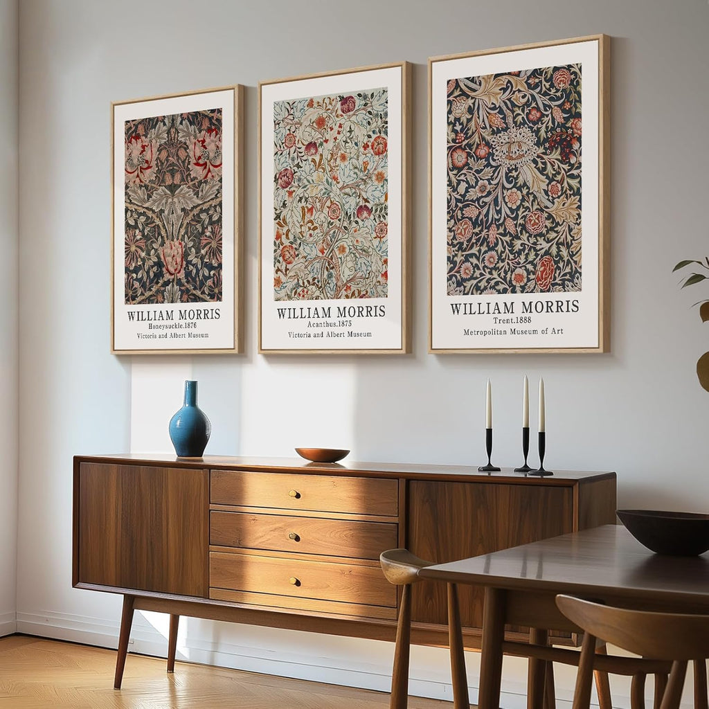 Framed Large William Morris Canvas Wall Art Set of 3, Vintage Floral Botanical Artwork Prints, Rustic Boho Farmhouse Aesthetic Decor for Living Room, Bedroom, Hallway or Office, 24x36 Inch