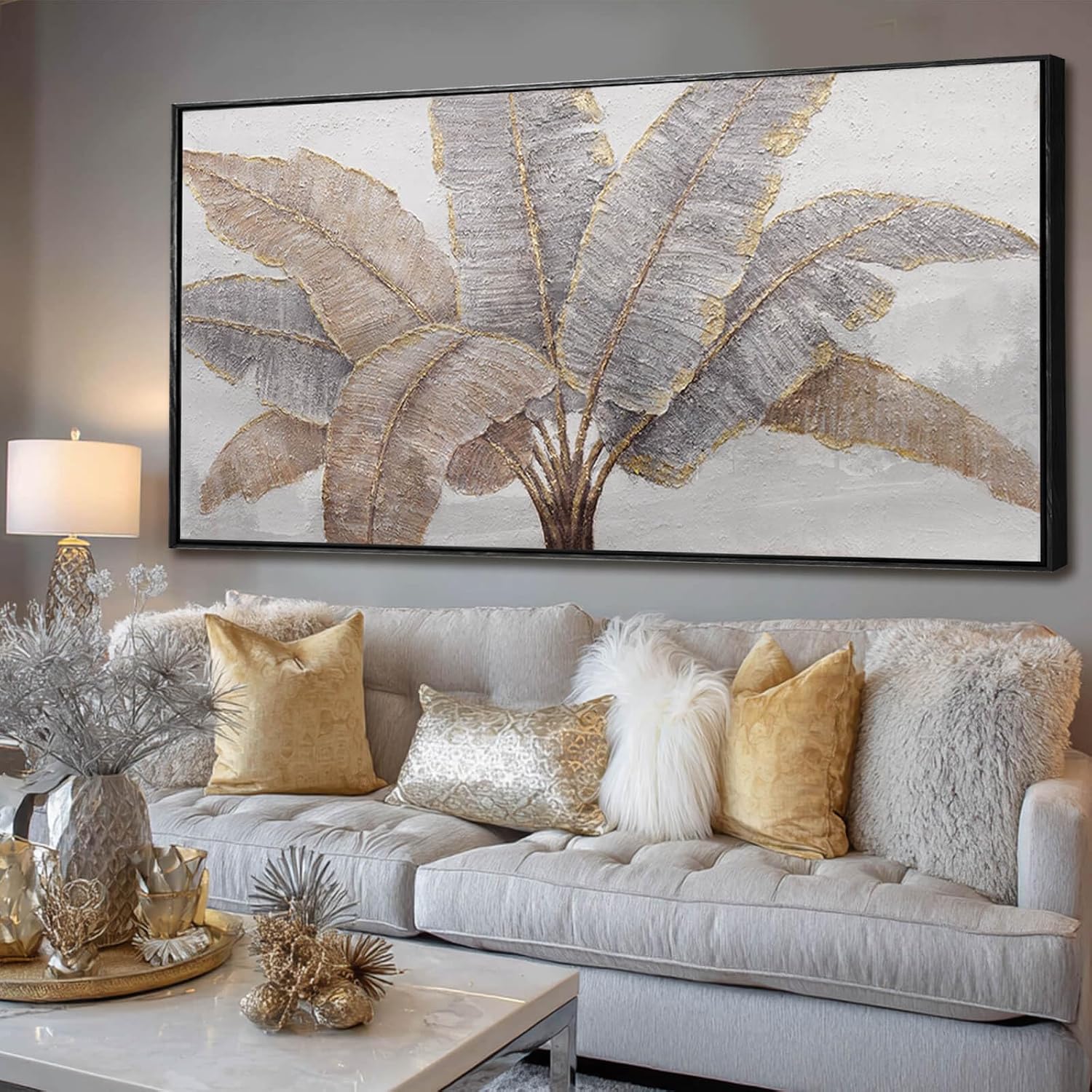 CHUDANHAO Botanical Wall Art Vintage Pictures Wall Decor Grey and Gold Photo Prints Line Wall Hangings 24'x48' Canvas Decorations for Bedroom Office