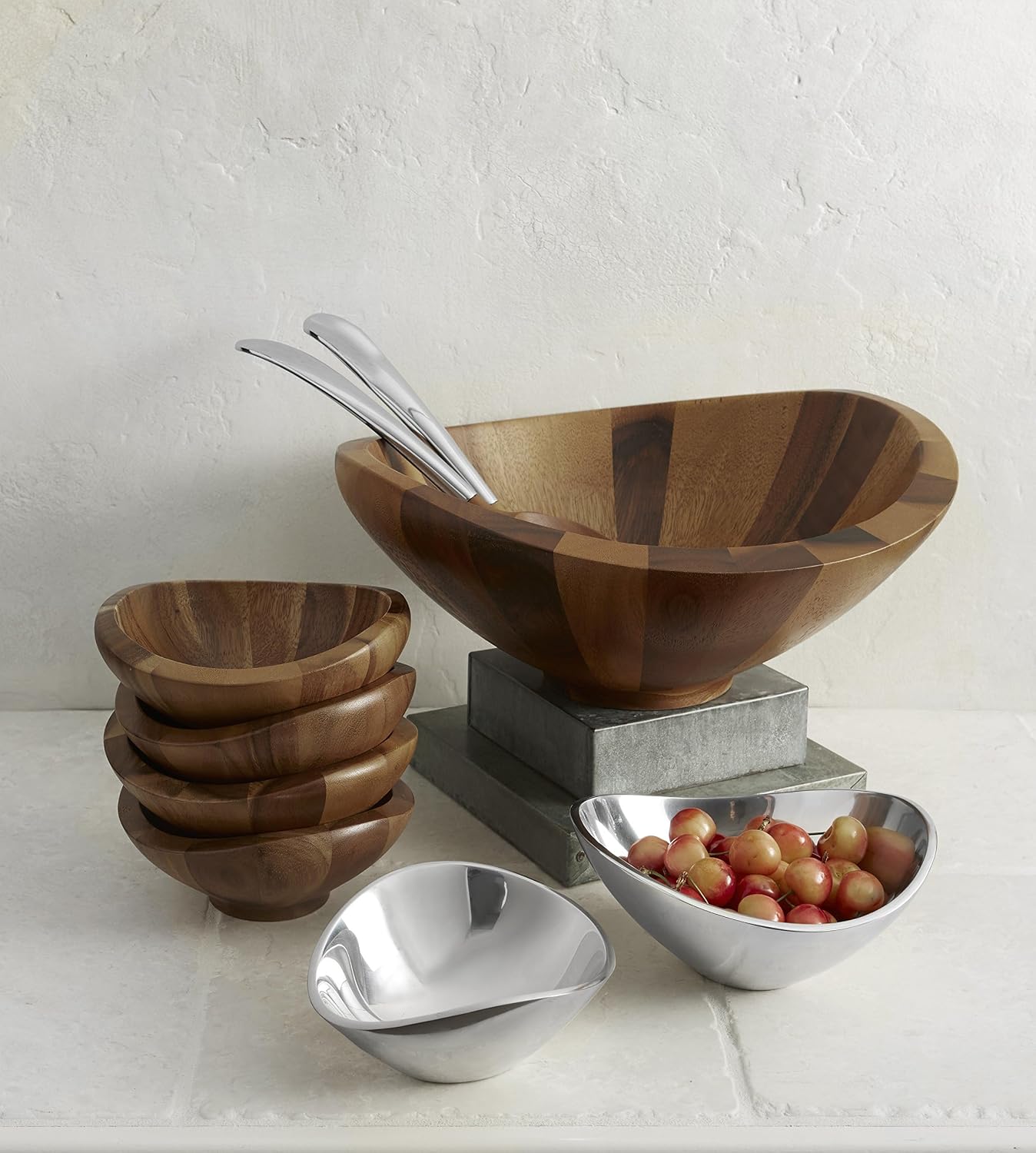 nambe Butterfly Acacia Wood Salad Bowl with 2 Salad Servers | Made of Acacia wood and Nambe Alloy | Large Deep Wooden Bowls | Acacia Wood Salad Bowl Set | Designed by Sean O'hara (16-in)
