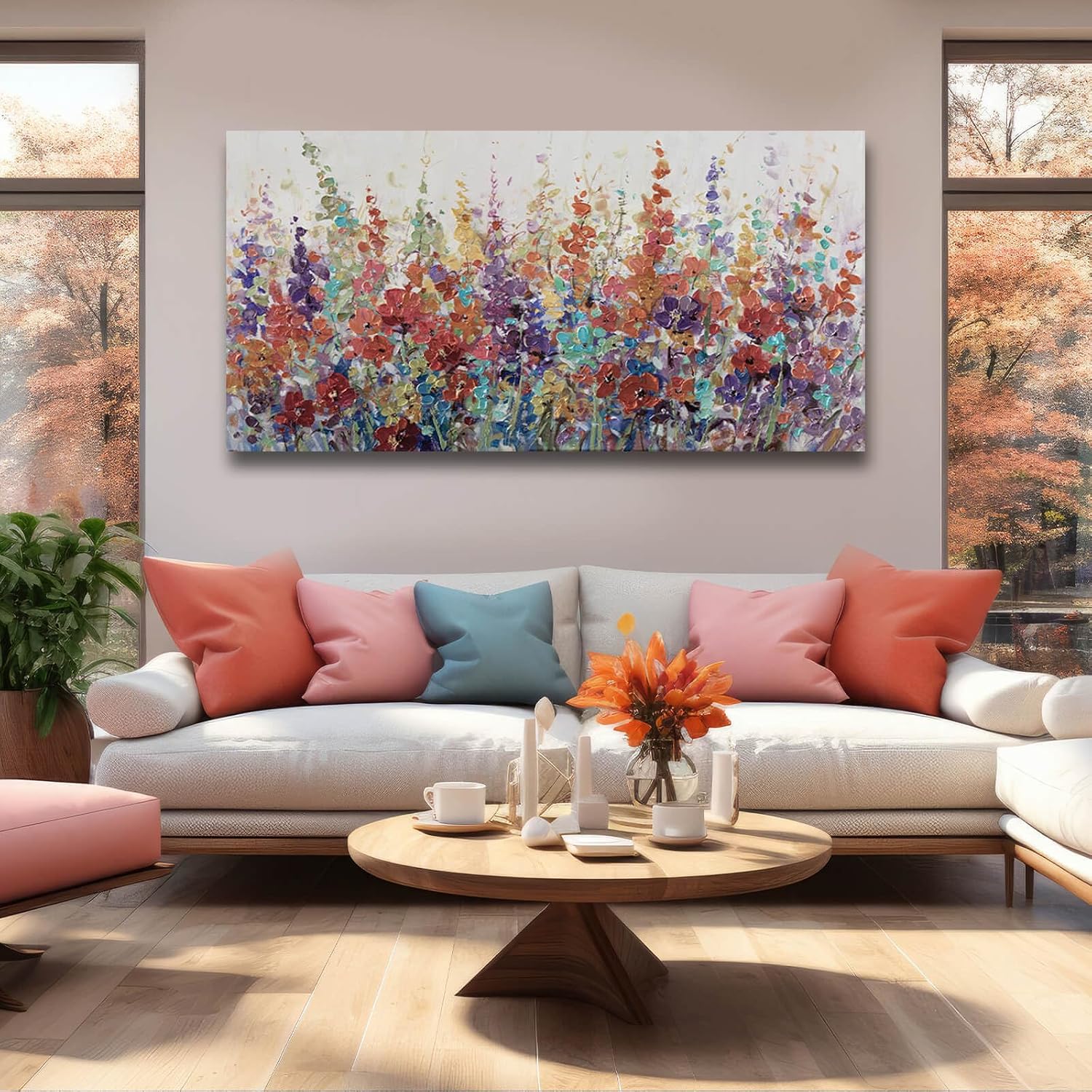XIANSHOU Pink and Gold Wall Art Flowers Picture Textured Wall Art for Bedroom Living Room Office Girls Room Wall Decoration 29'x 58'