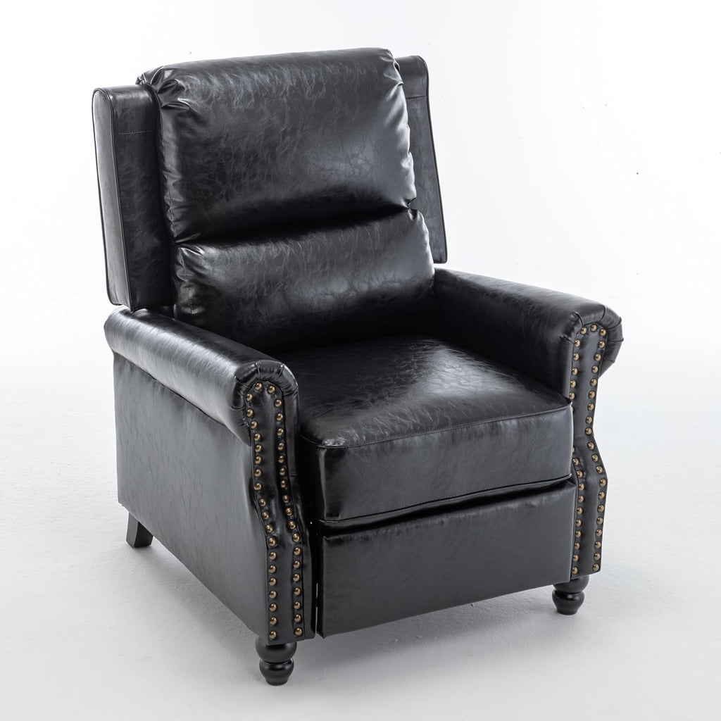Pushback Recliner Chair, PU Leather Armchair Push Back Accent Chair for Living Room, Rivet Trim Club Chair Home Theater Overstuffed Single Sofa Bedroom Reading Seat - Black