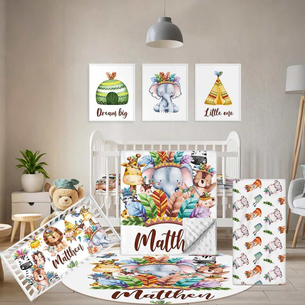 Terwex Custom Crib Bedding Set, 5 Pcs Customized Baby Crib Set with Name, Double Layer Baby Bedding Set for Girls Boys, Personalized for Nursery Infants Toddlers, Cute Animals