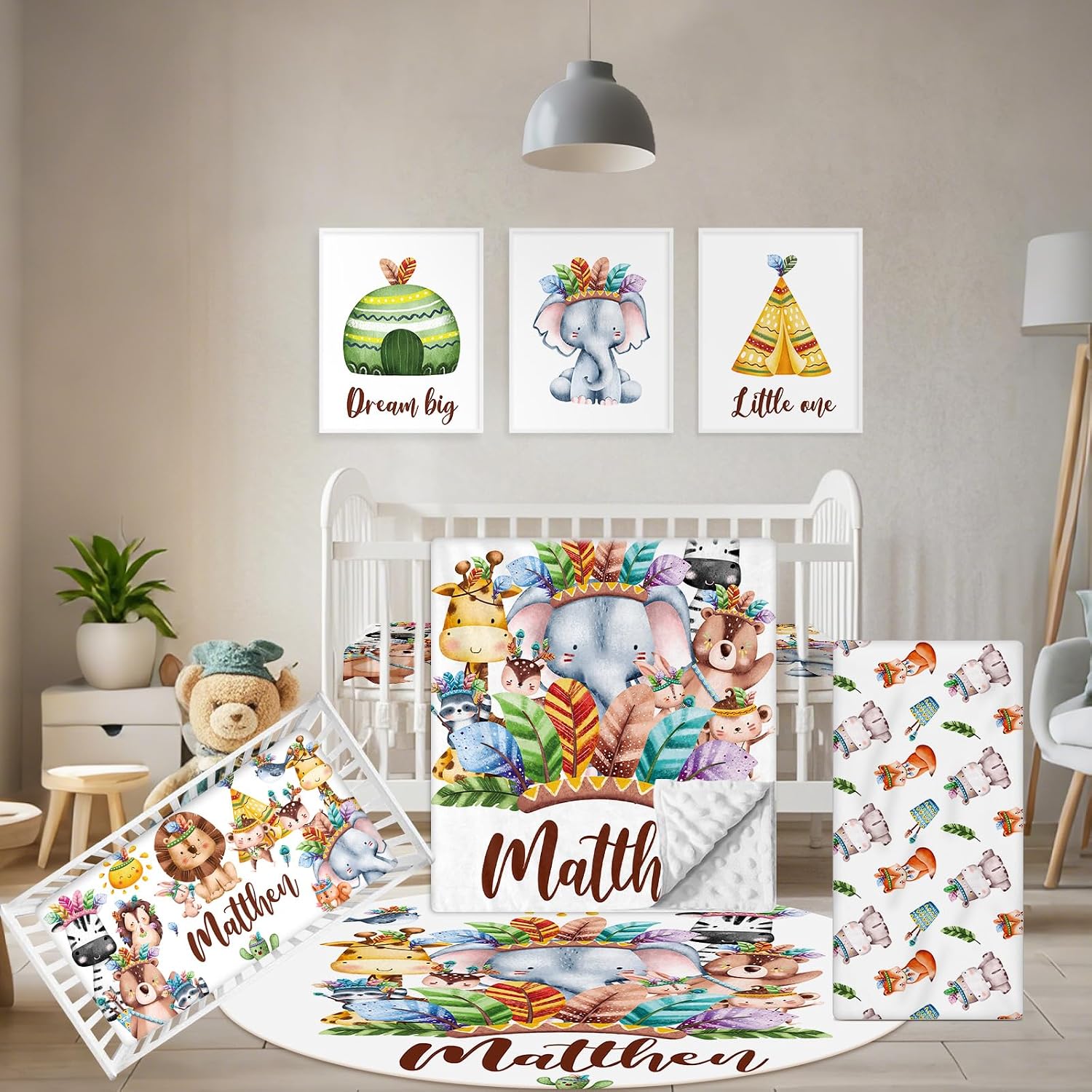 Terwex Custom Crib Bedding Set, 5 Pcs Customized Baby Crib Set with Name, Double Layer Baby Bedding Set for Girls Boys, Personalized for Nursery Infants Toddlers, Cute Animals
