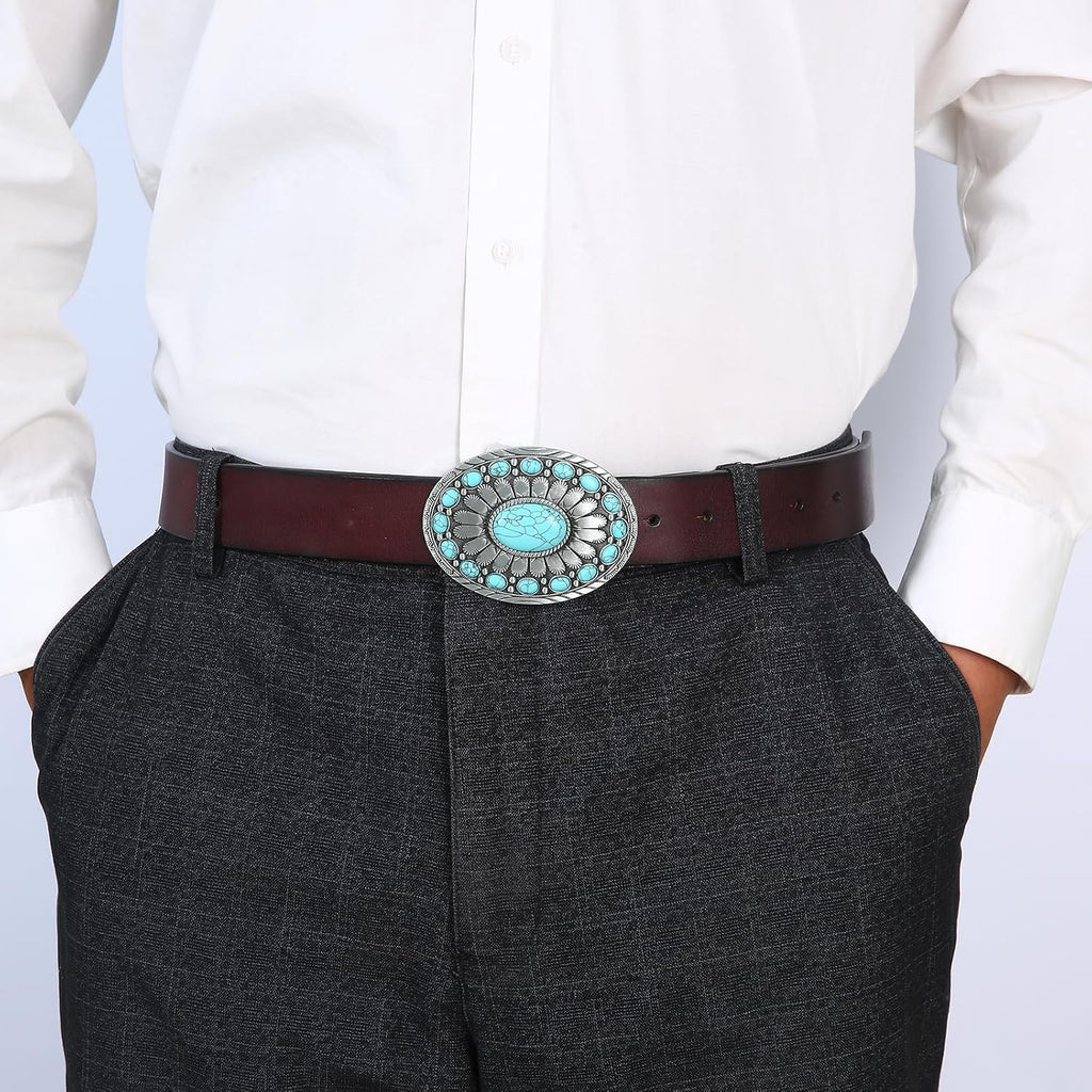 Men's Western Belt Buckle - Turquoise Texas Longhorn Bull Design for Cowboy & Rodeo Style