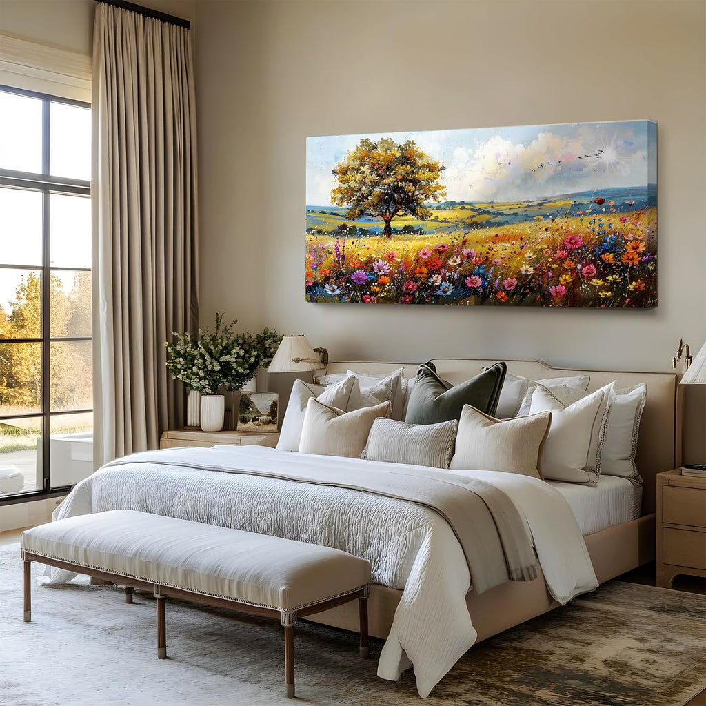 SERIMINO Rustic Landscape Large Wall Art, Tree Flower Sea Canvas Painting, Nature Country Scenery Art Prints, Bright Cottagecore Wall Pictures for Living Room Dining Room, Farmhouse Decor 29X57 Inch