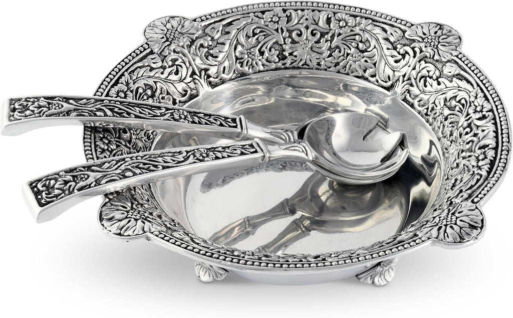 Arthur Court Concho Pattern Salad Bowl with Serving Set 11.75' Diameter 3.5' Tall - 3 Pieces - Aluminum Metal
