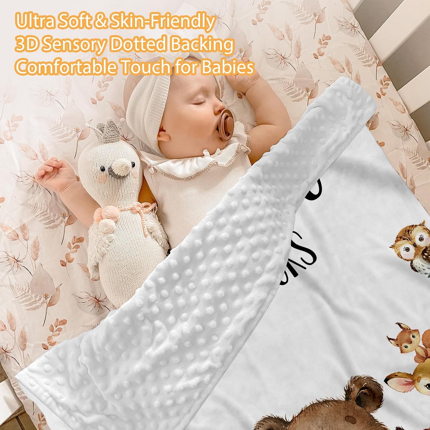 Custom Baby Crib Bedding Set - 5 Piece Nursery Crib Set Woodland Animals Design - Personalized Name Blanket with Dotted Backing, Crib Sheet, Changing Pad Cover, Pillow Cover, Rug for Newborns Color01