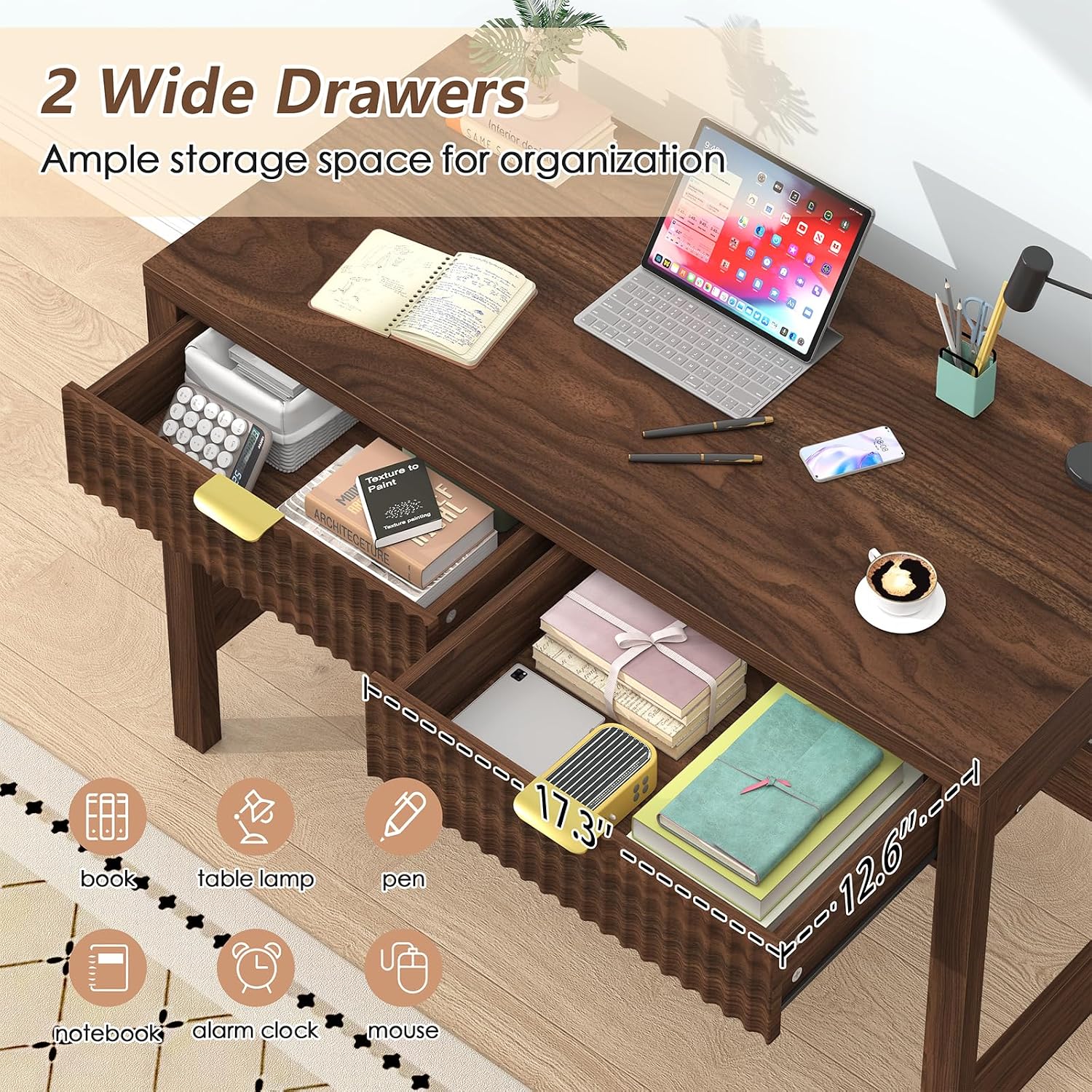 YOMILUVE Fluted Computer Desk with 2 Drawers, 39 Inch Small Computer Desk with Storage, Compact Writing Study Desk for Small Spaces, Walnut