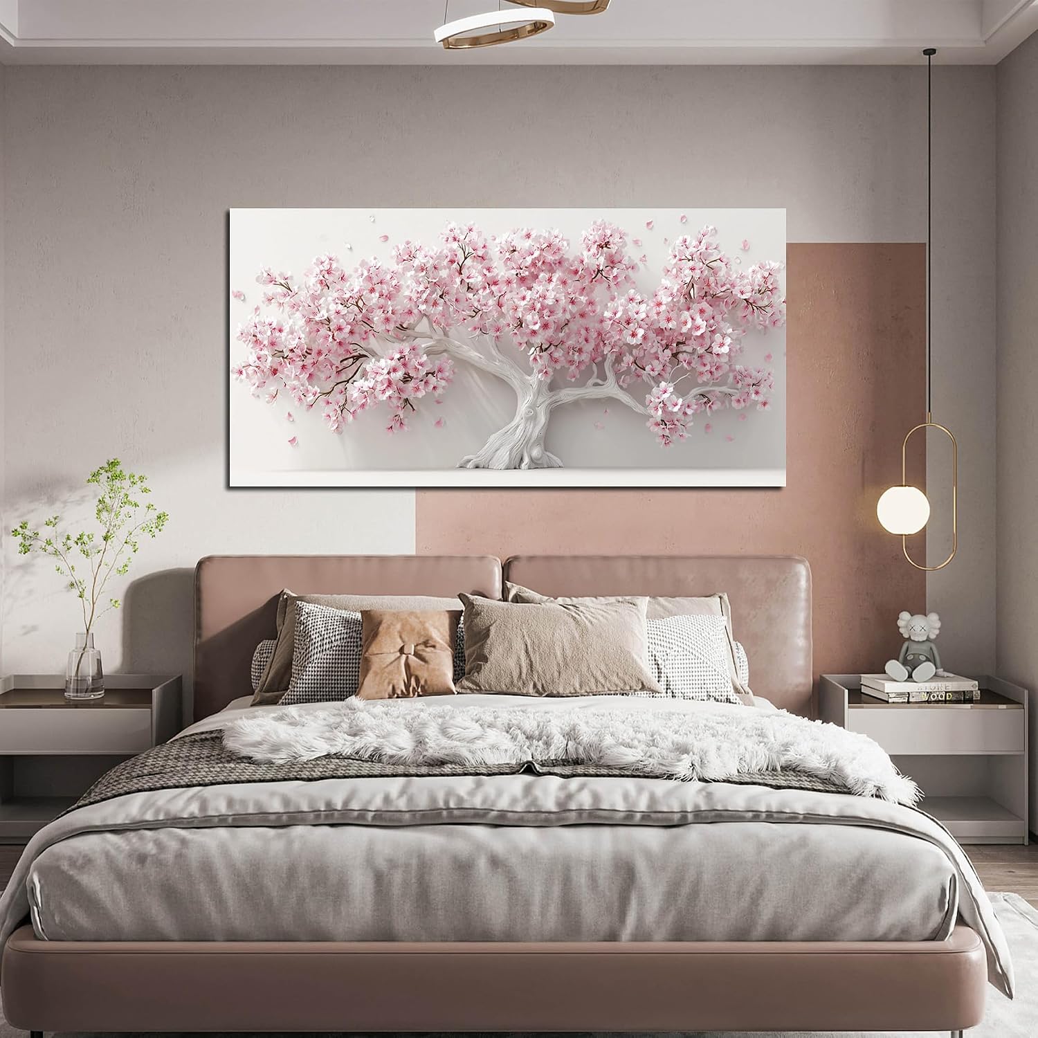 AOZEMI White Wall Art for Living Room Bedroom Home Office Pink Wall Decor Large Tree Pictures Art Flower Artwork Modern Floral Canvas 29'x 59'