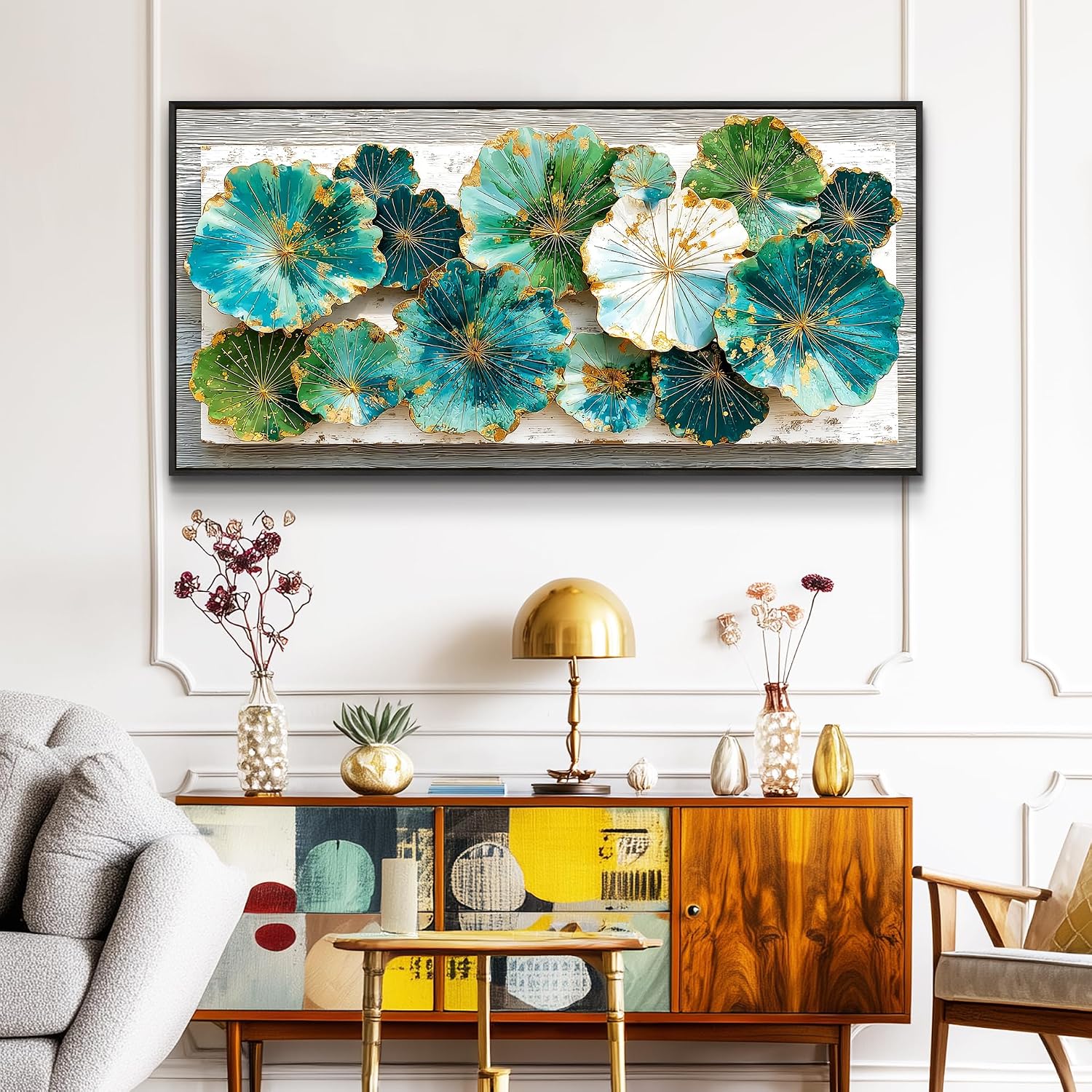 XIGUANGART Lotus leaf Large Wall Art for Living Room Texture Wall Decor Green Floral Abstract Pictures Framed Artwork for Walls Canvas Print Painting for Bedroom Nature Rustic Home Decoration 30x60